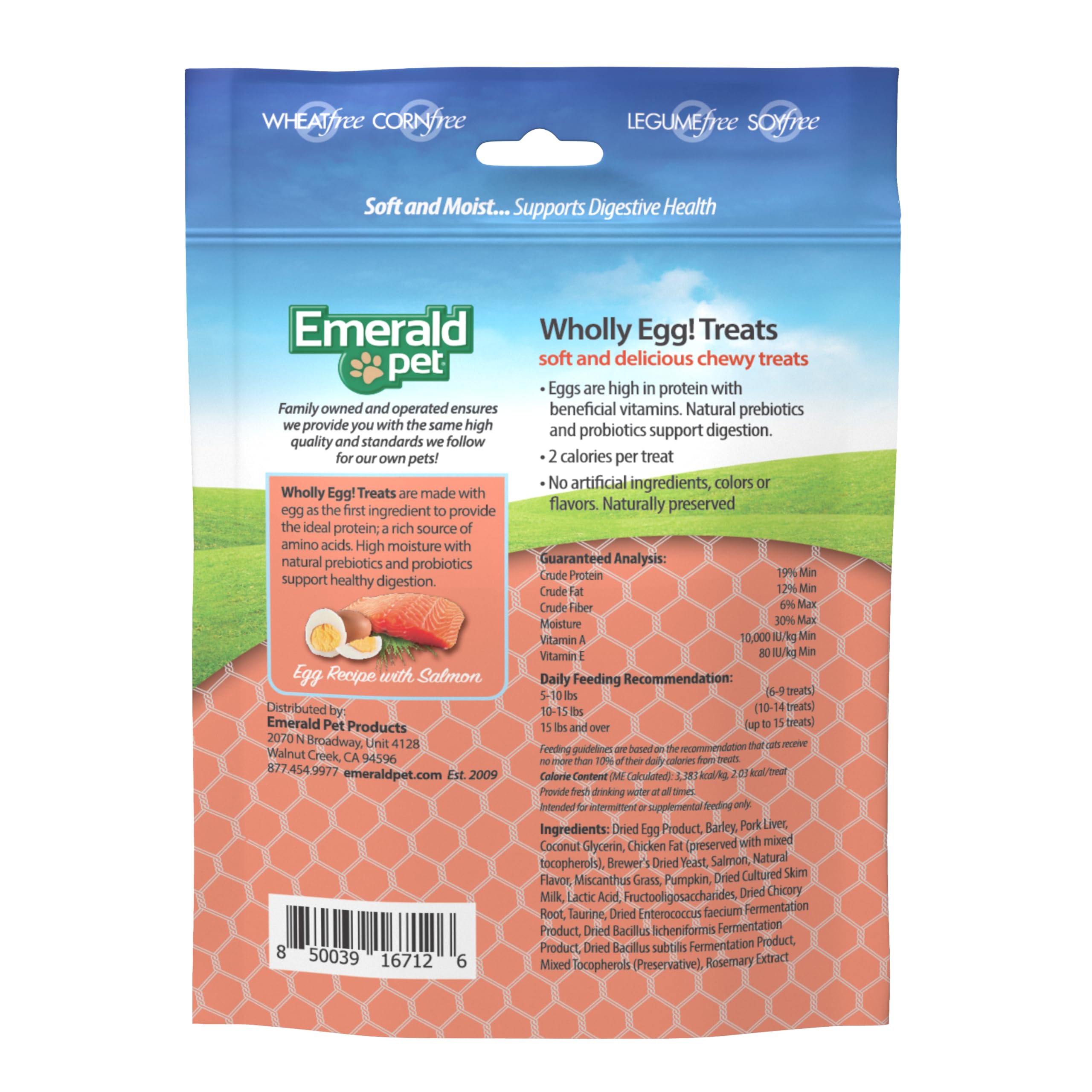 Emerald Pet Wholly Egg Digestive Health Cat Treats - Soft and Moist cat Treats for Healthy Digestion - Natural Prebiotics and Probiotics for cat Digestion - Salmon Treats, 2.5 oz