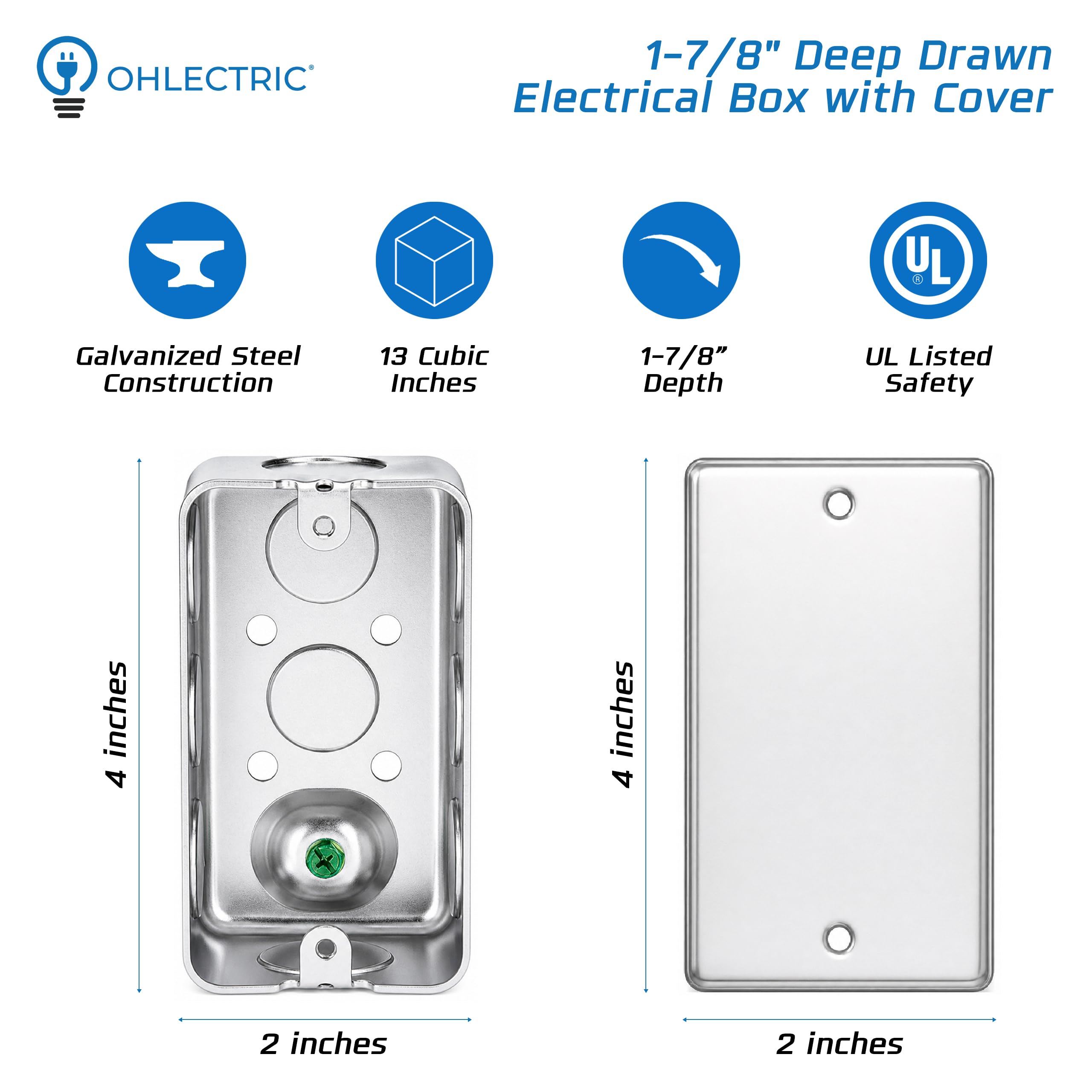 OHLECTRIC Lot de 10 boîtes de jonction électrique 4 x 2 avec couvercles vierges simples en acier galvanisé robuste, profondeur de 4,5 cm, capacité de 10 x 1/2, boîte de sortie industrielle en métal