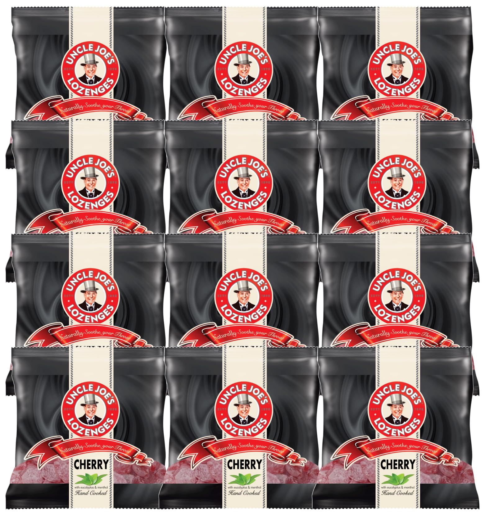 Uncle Joe'sCherry Lozenges, fruit-infused in 12 x 70g packs. Refreshing relief for sore throats with natural cherry flavor.