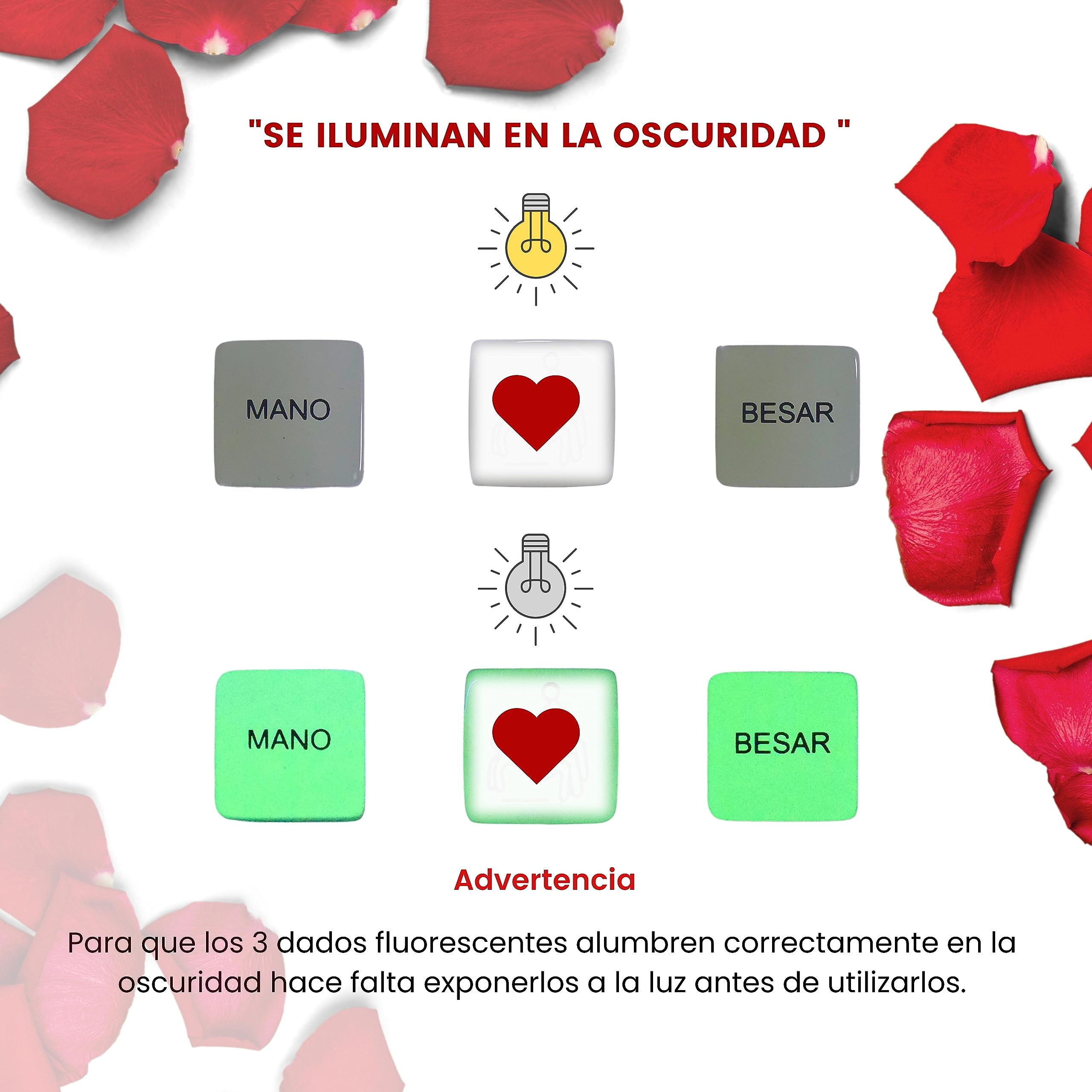 6 Dados Eróticos Para Parejas En Español – 3 Luminosos, Incluye Acciones, Posturas Y Partes Del Cuerpo, Juego De Mesa Para Dos Con Bolsa De Terciopelo, Regalo Divertido