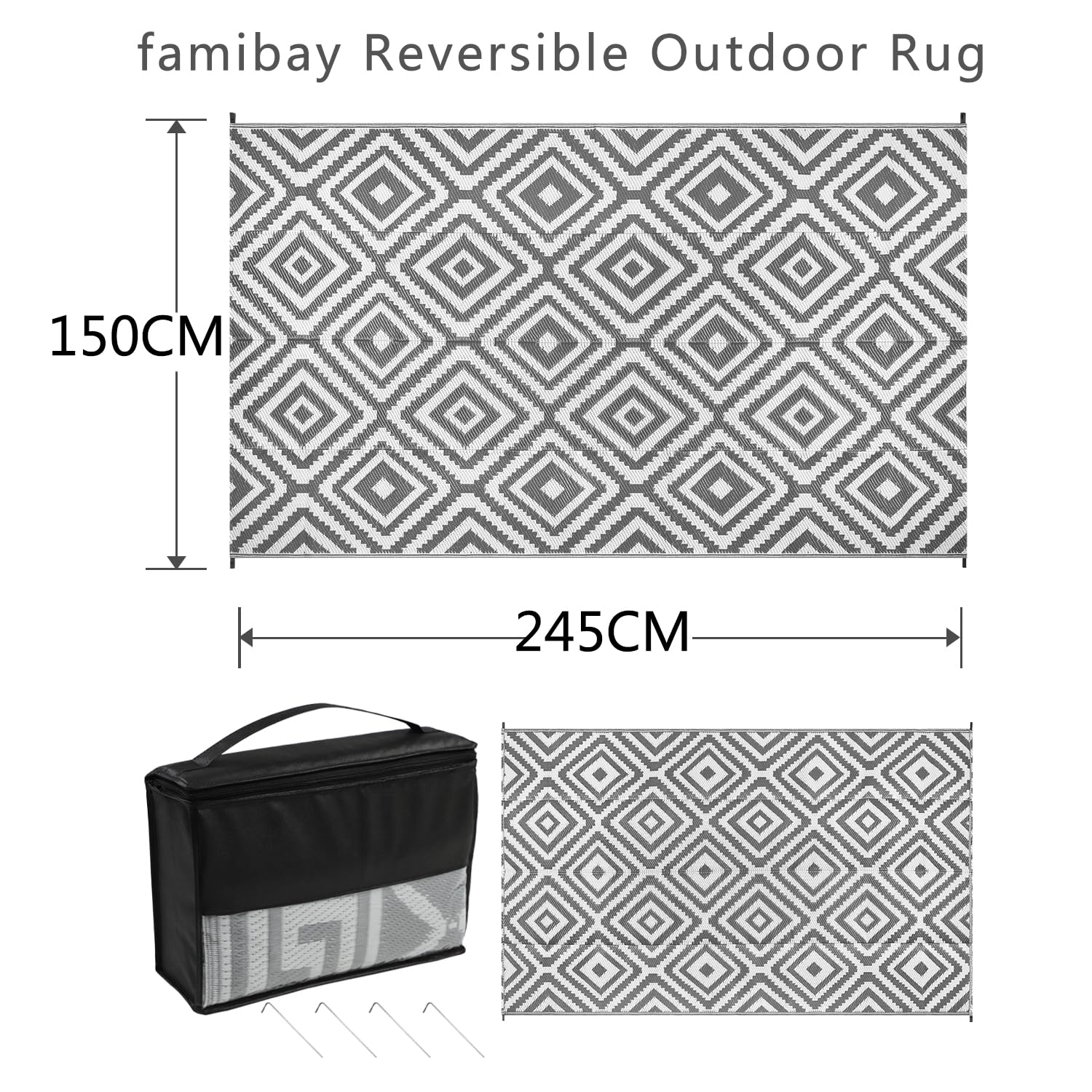 Famibay Outdoor Teppich Wetterfest Outdoor Teppich Balkon Camping Wasserfest Grau Kunststoff Wendbar Leicht Outdoorteppich für Terrasse Garten Balkon Camping Innen Außen