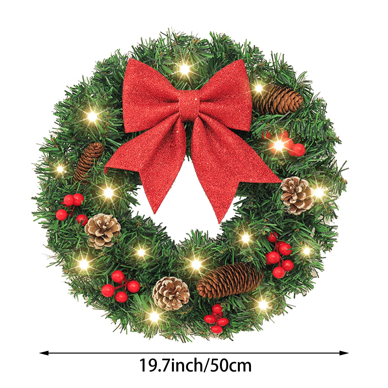 MOTUZP Couronne de Noël Artificielle de 20 Pouces pour Porte D'entrée, Couronne de Noël Artificielle avec Lumières LED, Décorations de Noël pour l'hiver, la Maison, L'intérieur (avec