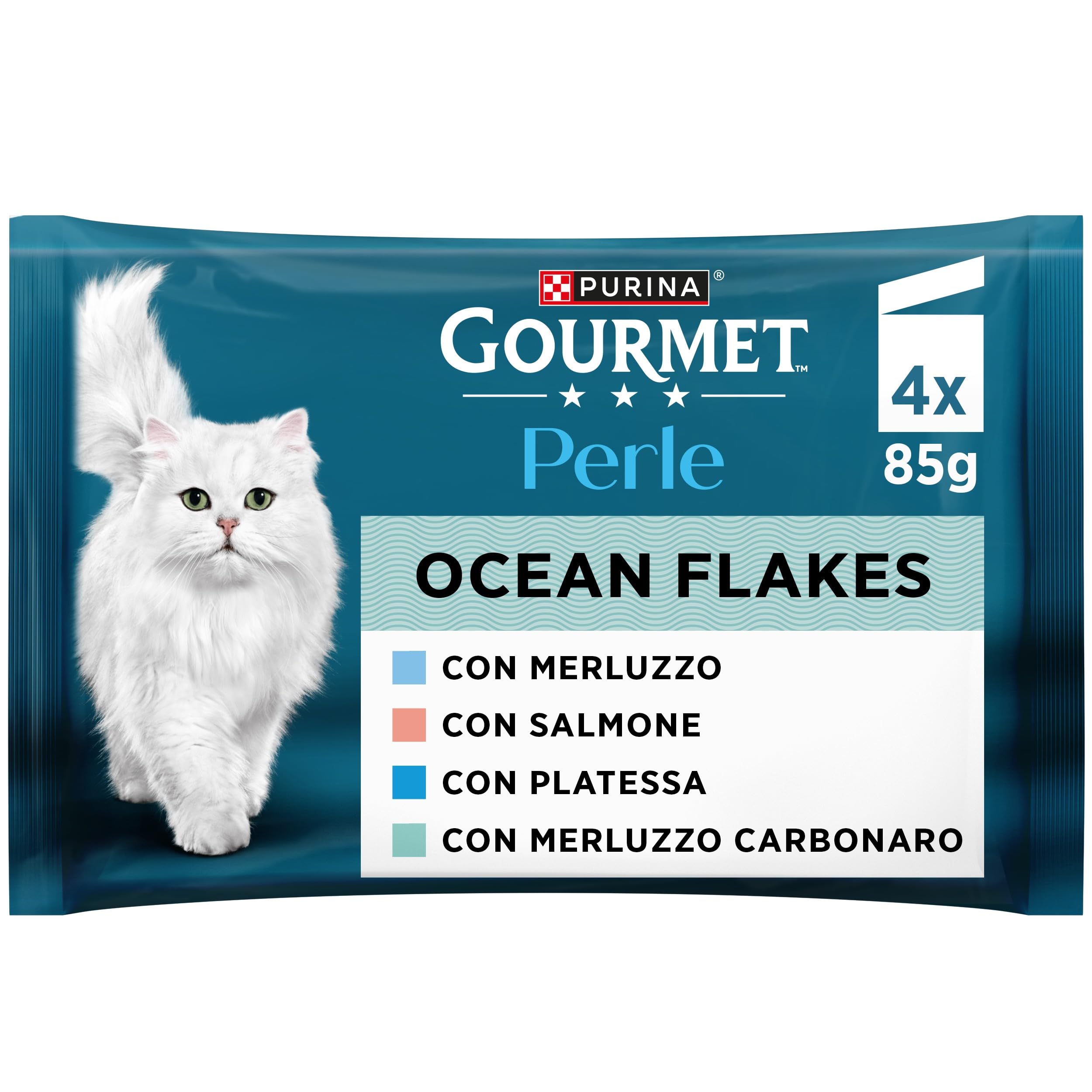 GOURMET PERLE Cibo umido per gatti Adulti Trancetti Pesce dell'Oceano con Salmone, Merluzzo, Platessa e Merluzzo Carbonaro 48 bustine da 85g