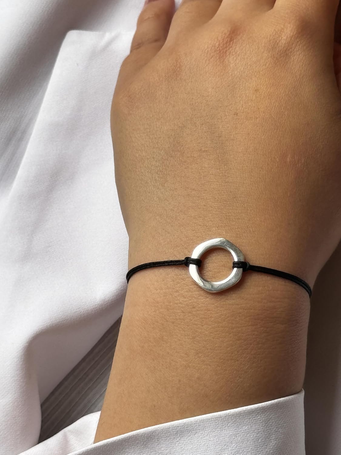 Handmade 925 Sterling Silver Minimalist Circle Bracelet for Women, Pull Adjustable Kindred Cord Thread, Charm Black String Bracelet, Karma Bracelet, Spiritual Yoga Gift - Image 7