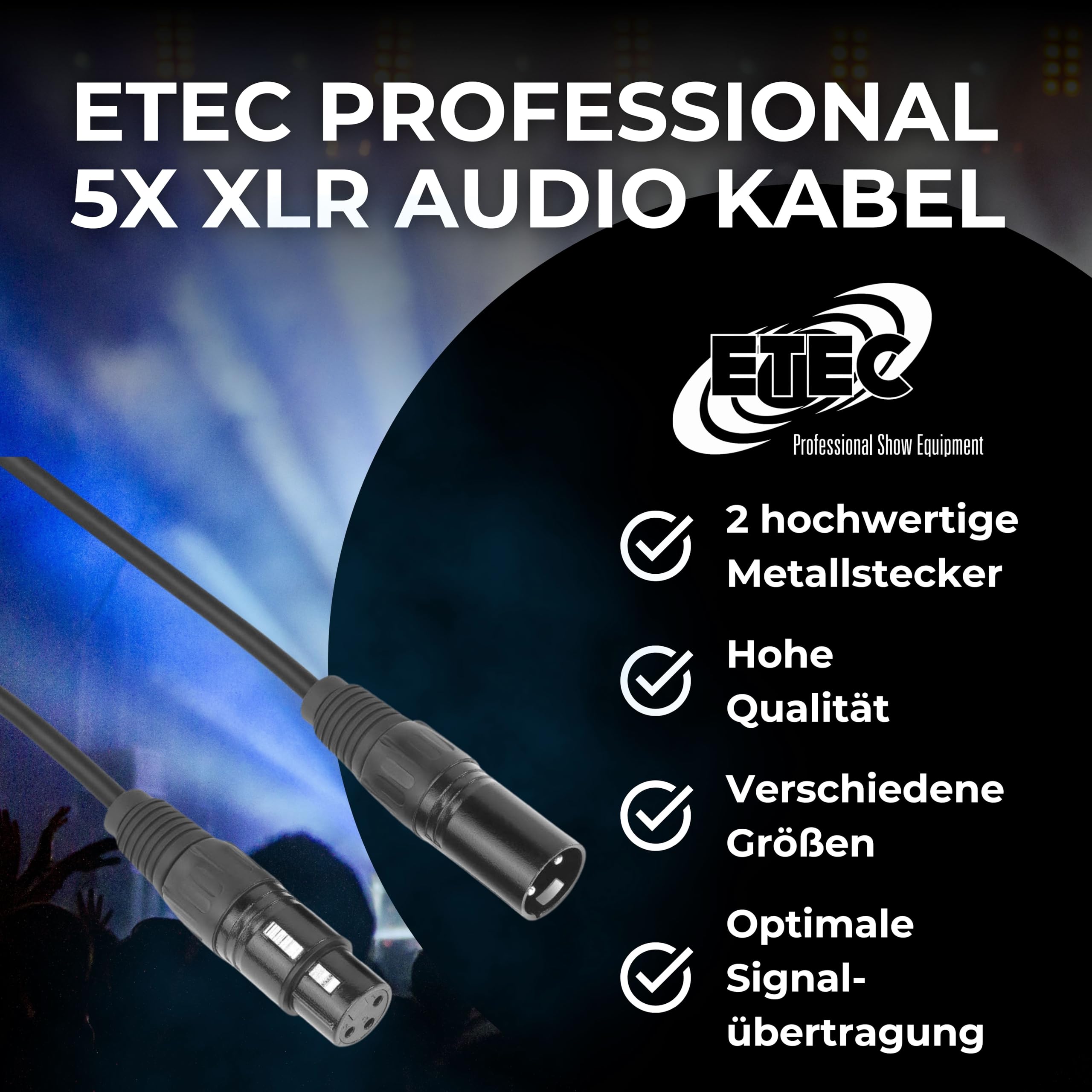 ETEC Professional 5x XLR Audio Kabel 20m Mikrofonkabel DMX OFC-Kupfer symmetrisch schwarz Stecker Buchse Lichttechnik Datenübertragung Musik Sound