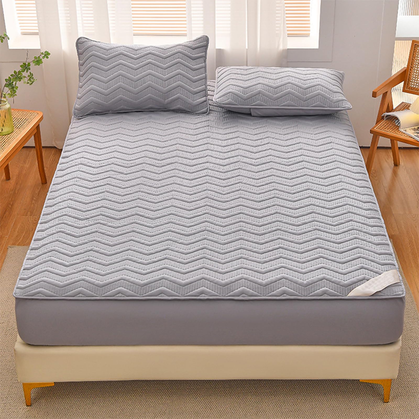 Gesteppter grauer Matratzenschoner 180 x 200 cm tief angepasster Stretchrock Bettüberzug verstellbar & atmungsaktiv passend für Matratzen bis zu 30 cm Tiefe
