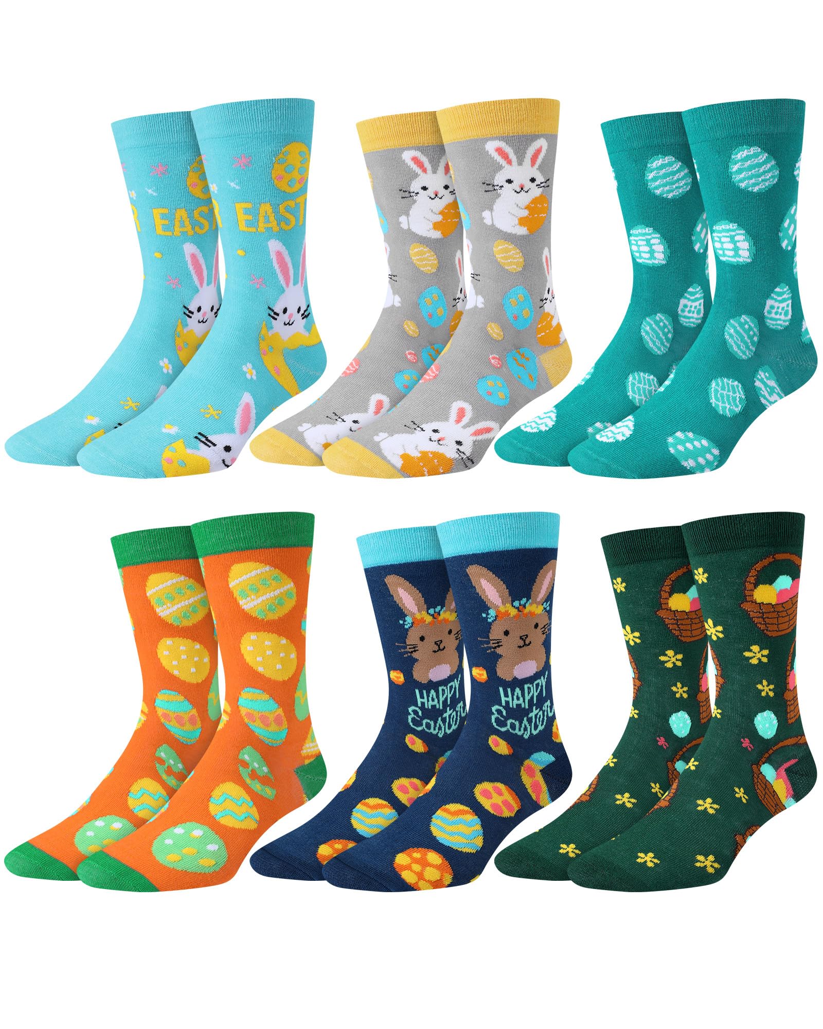 Eurzom 6 Pairs Funny Men's Easter Socks Bunny Eggs Pattern Crew Socks Spring Easter Basket Stuffers Gifts Size 7-12