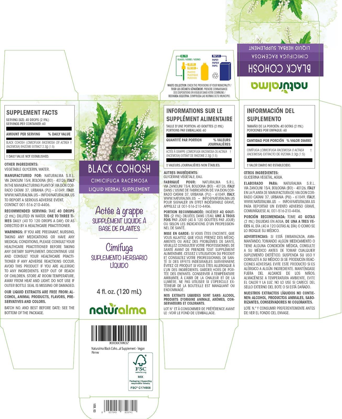 Naturalma Black Cohosh (Cimicifuga racemosa or Actaea racemosa) Rhizome Alcohol-Free Tincture - 4 fl oz Liquid Extract in Drops - Herbal Supplement - Vegan — Amazon image 2