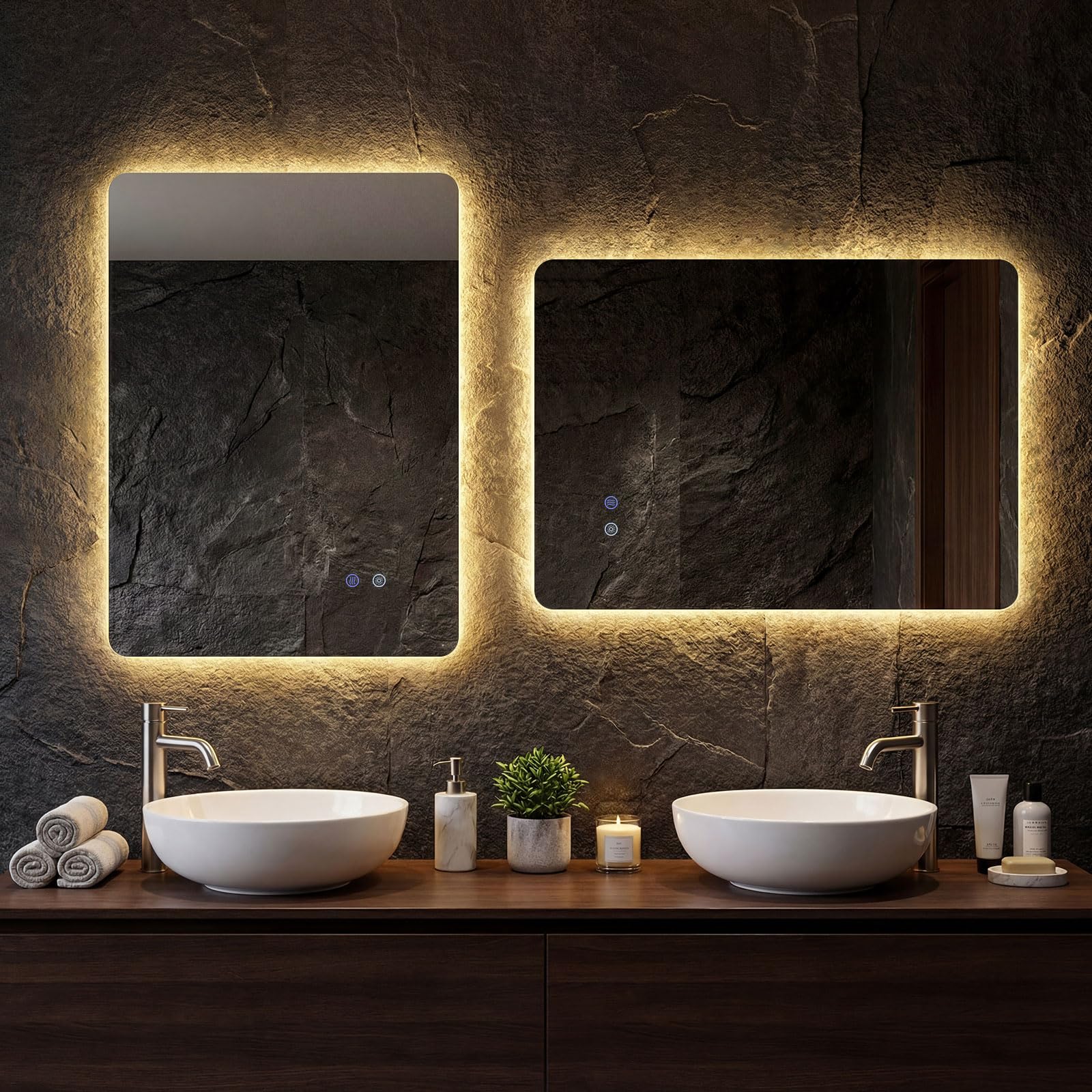 COSTWAY Specchio da Bagno Rettangolare con LED, Specchio da Parete con Luminosità Regolabile, Retroilluminato, Touch Intelligente, Vetro Temperato con Memoria e Anti-Appannamento (70 x 50 x 2,8 cm)