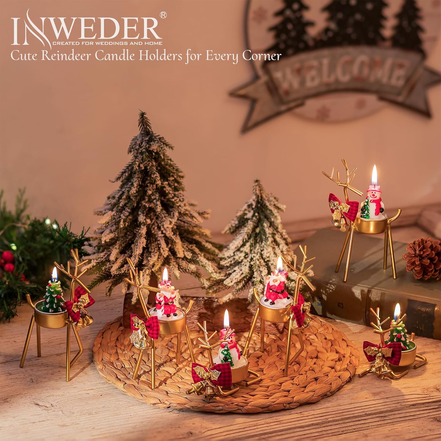 Christmas Reindeer Tealight Candle Holder: 6 Pcs Gold Reindeer Decoration for Window & Table