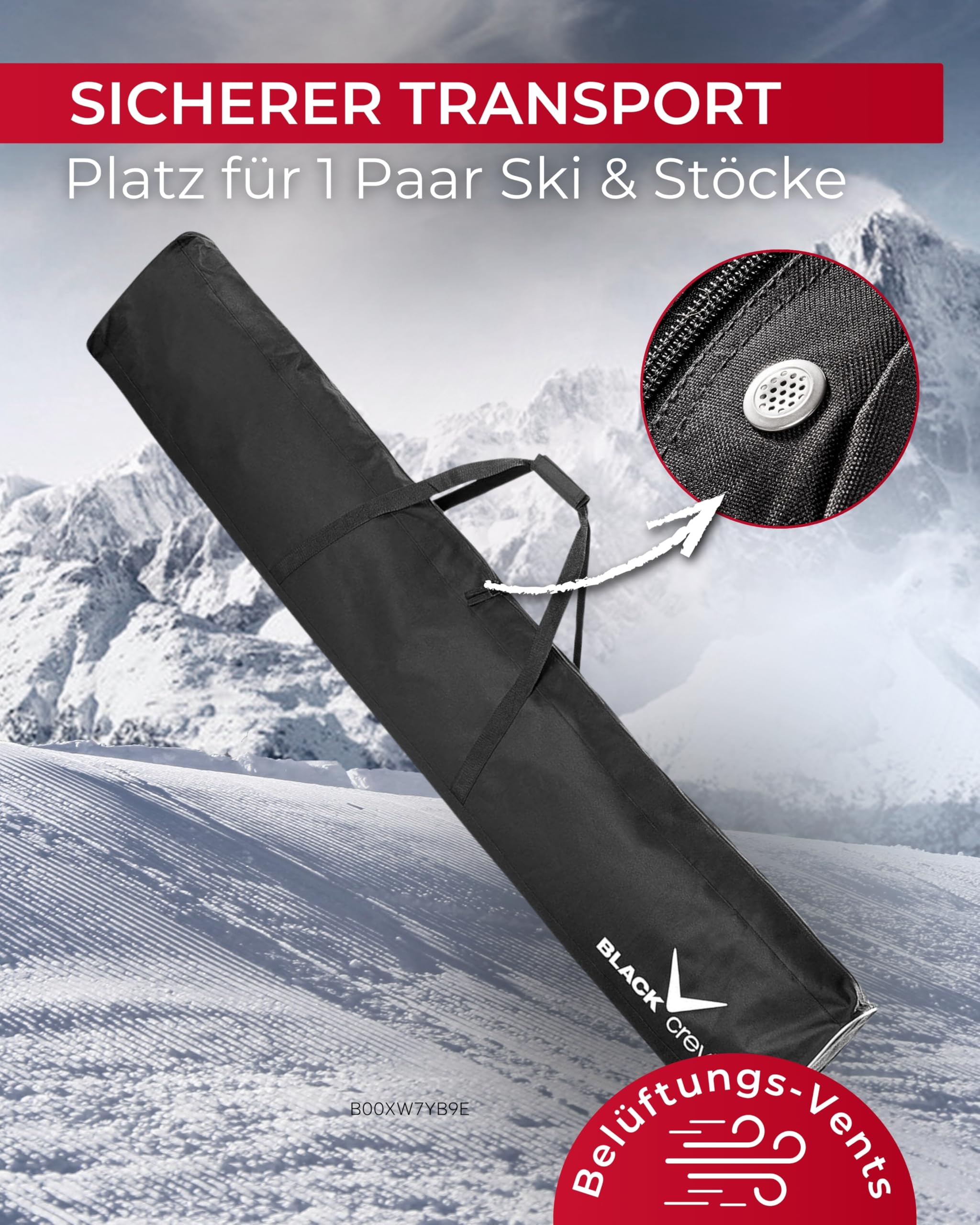 Black Crevice Skitasche I Skisack für 1 Paar Ski & 1 Paar Stöcke I robuste Skibag mit gepolsterten Doppelhaltegriffen I Ski-Tasche mit durchgängigem Doppelreißverschluss I Maße: 180x20x20cm