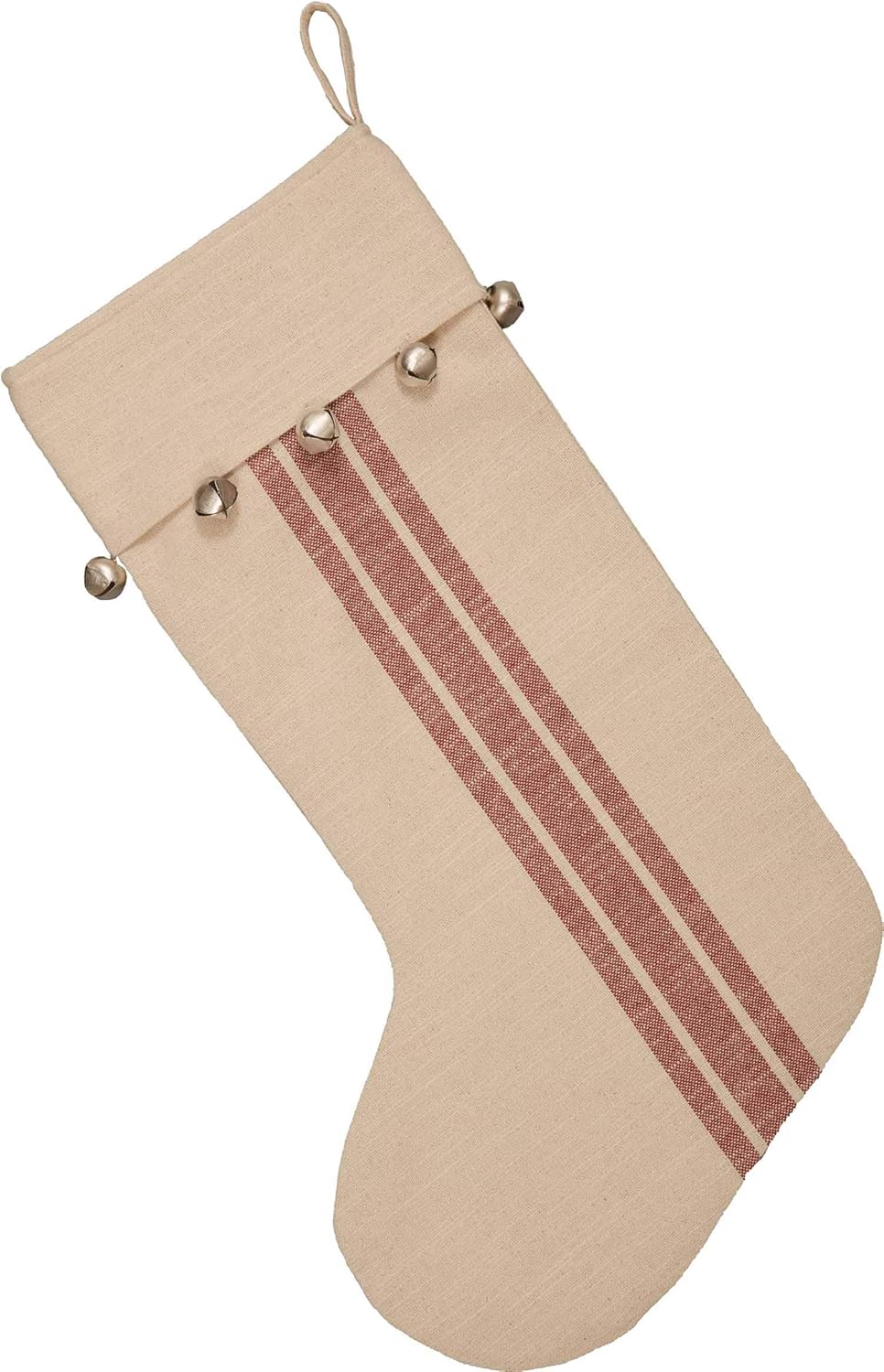 Sleigh Bells Ring Grain Sack Stripe Stocking, 12" x 20", Farmhouse Christmas Red & Cream w/Bells, Christmas, Country Holiday Décor