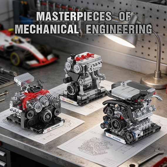 JMBricklayer V6 L4 B4 Engine Model Kits that Works, 3-in-1 STEM Mechanical Car Engine Building Blocks for Adults & Teens, DIY Engine Toy, Home or Office Display, Mini Engineering Construction Gifts