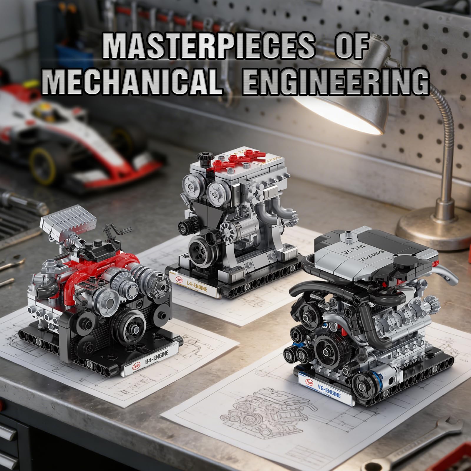 JMBricklayer Blocco da Costruzione Mini Motore 3-in-1 per Adulti da Costruire, Motore Modello V6 B4 L4 che Funziona, Giocattolo Meccanico in Mattoncini STEM, Decorazione per Ufficio e Casa, Regali