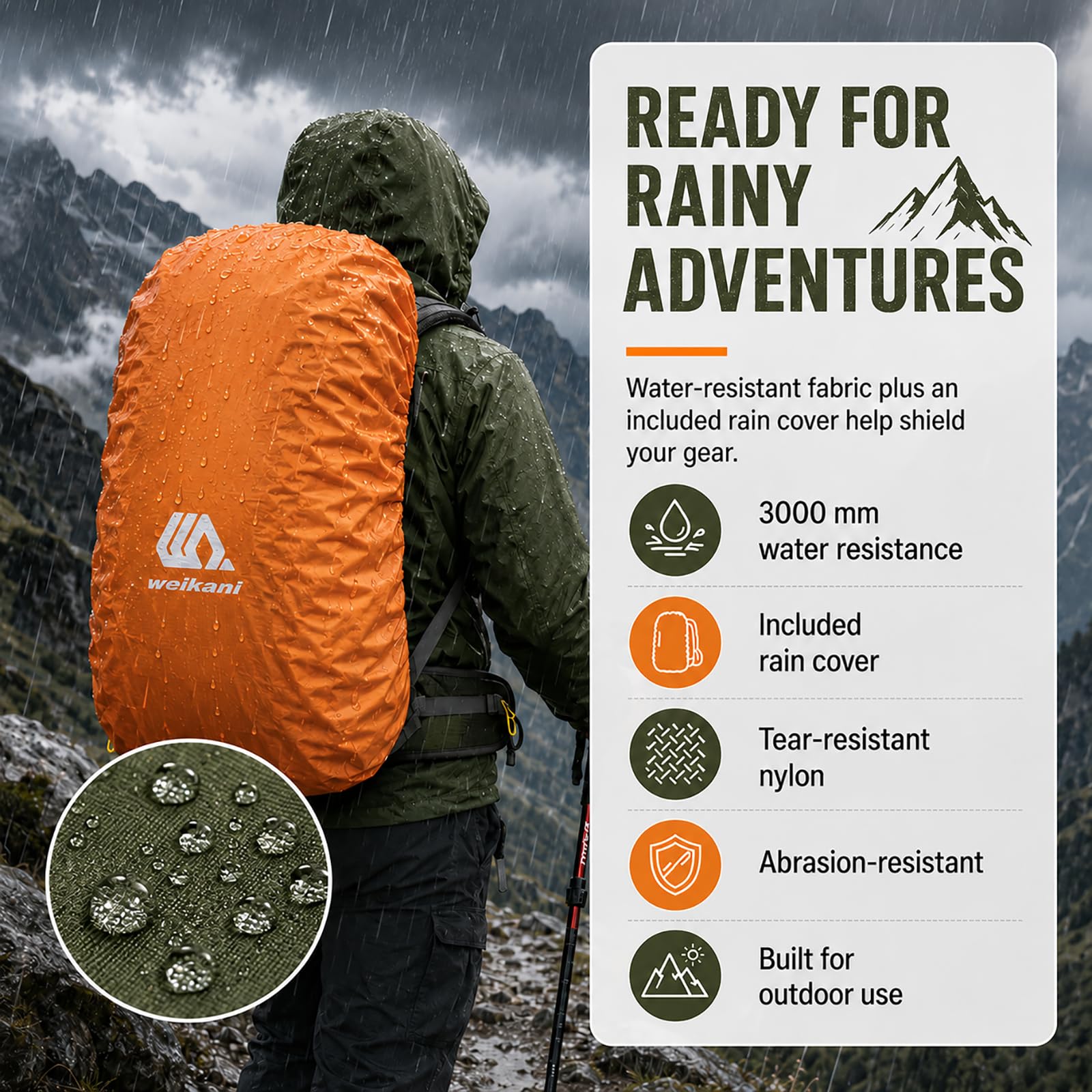 50L Hiking Backpack with Rain Cover Waterproof Lightweight Camping Daypack Walking Rucksack Outdoor Sports Trekking Climbing Skiing Travel Bag