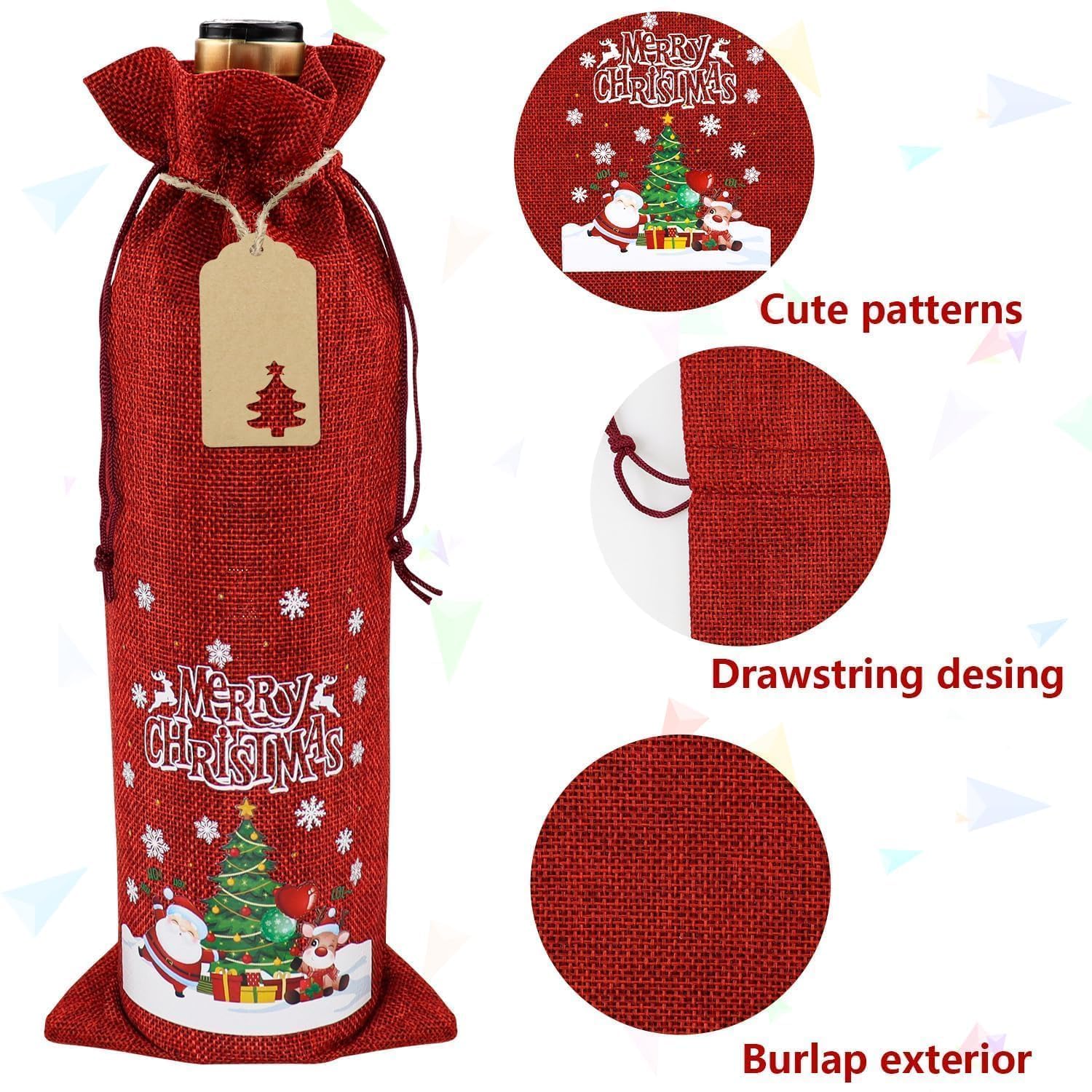 Sacchetti per Bottiglie di Vino di Natale,Borsa Natalizia per Vino,6 Pezzi Sacchetti Regalo per Vino Natale con Nastro,3 Stili Riutilizzabili Borsa Decorativa per Bottiglia di Vino per Feste