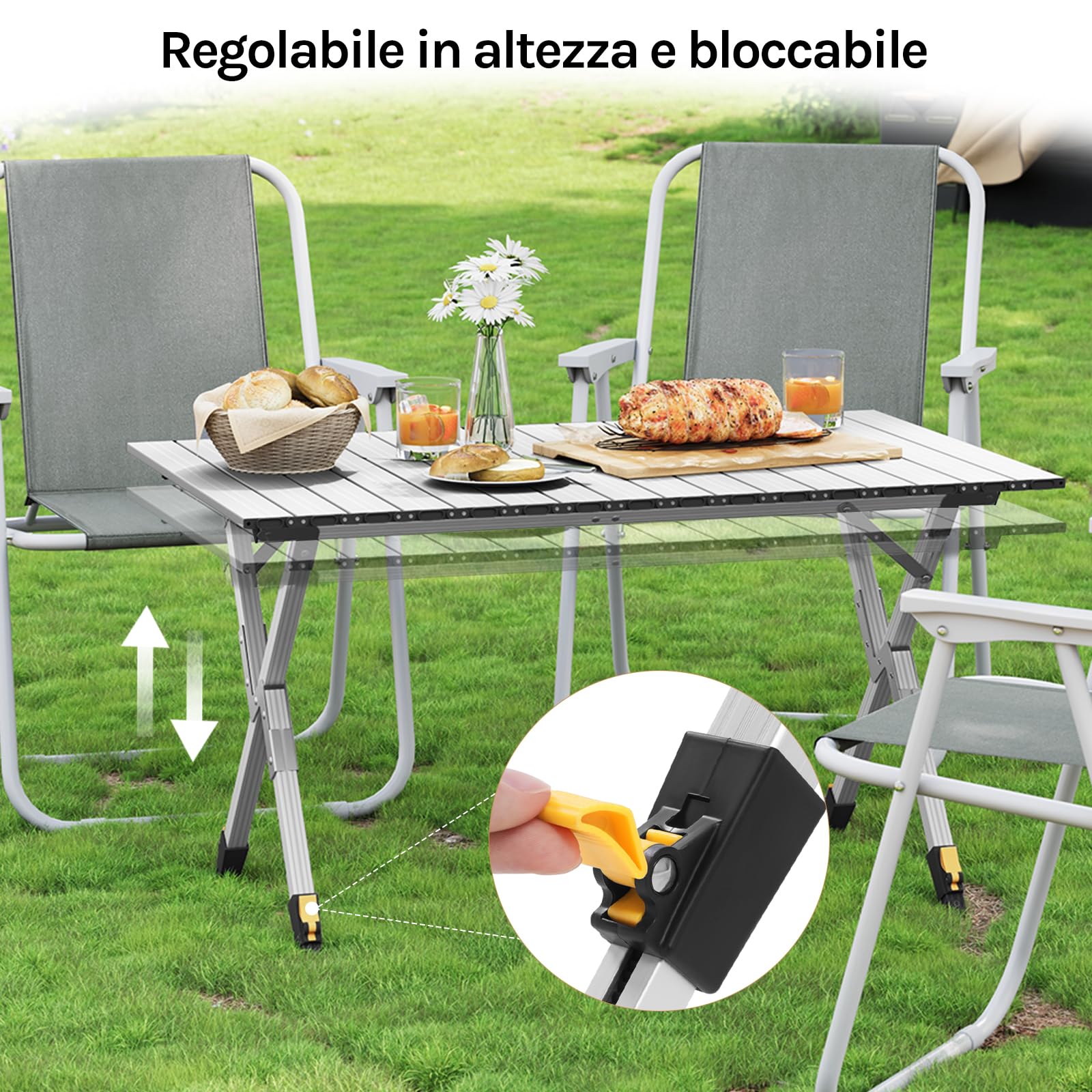 WOLTU Tavolo da Campeggio Pieghevole Leggero, Tavolo da Esterno Portatile, Altezza Regolabile, Tavolo da Giardino con Piano Arrotolabile in Alluminio, Borsa Portaoggetti, Carico 50kg,Argento