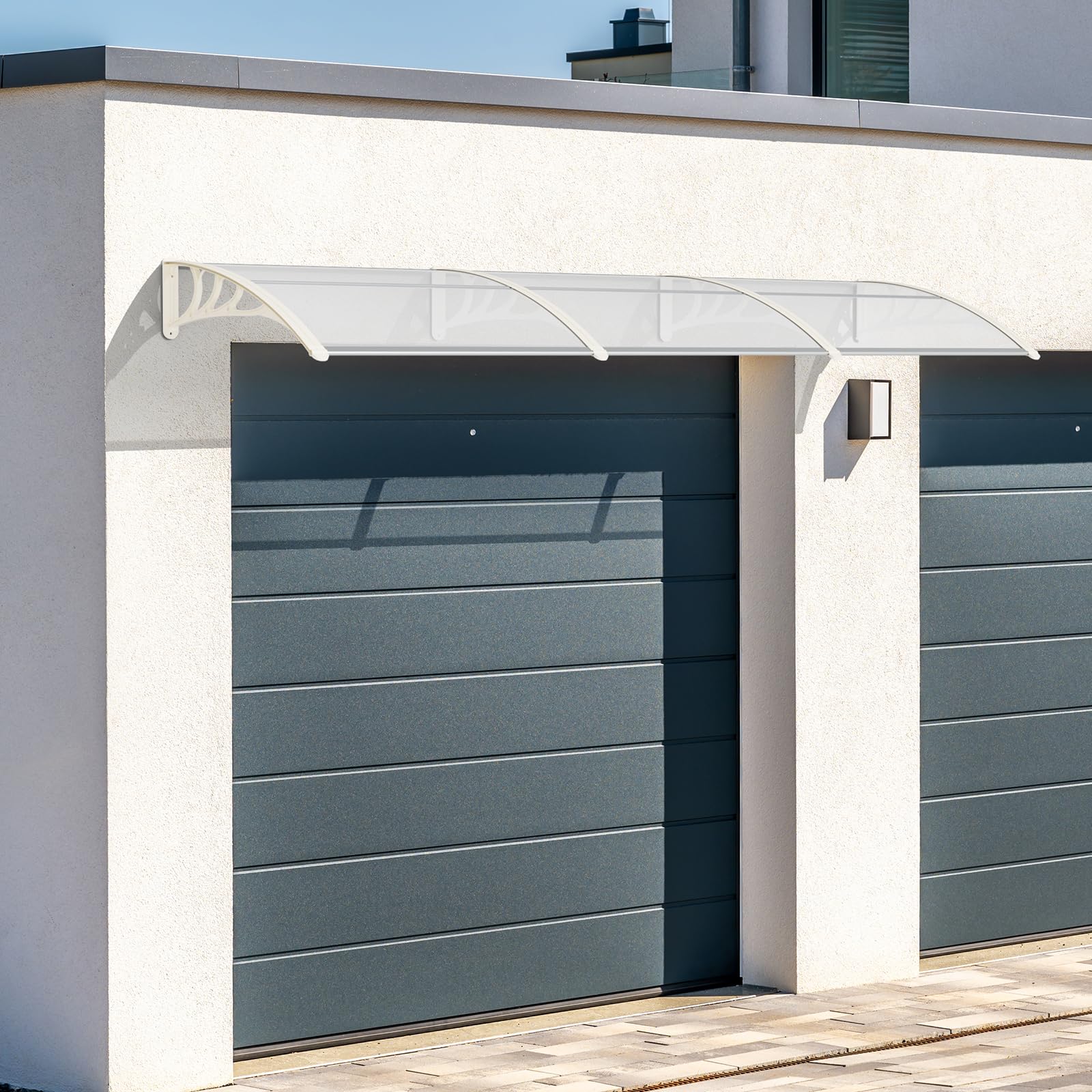 LIFERUN Marquesina para puerta principal, 270 x 98,5 cm, toldo transparente, soporte de policarbonato, tiras de aluminio reforzadas, toldo para ventana, toldo para reprimir, protección solar y