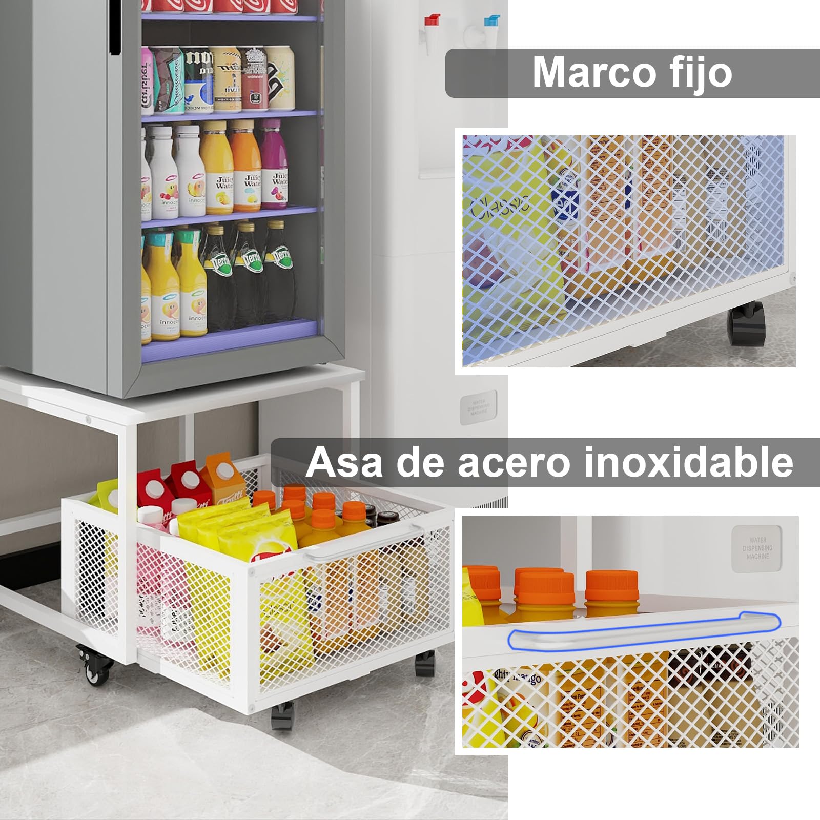 PUNCIA Mueble Soporte Móvil para Mini Nevera con Cesta Metálica Calada | Soporte para Frigorífico Congelador Refrigerador con Base Móvil Estantería con Ruedas para Nevera para Oficina Cocina Salón