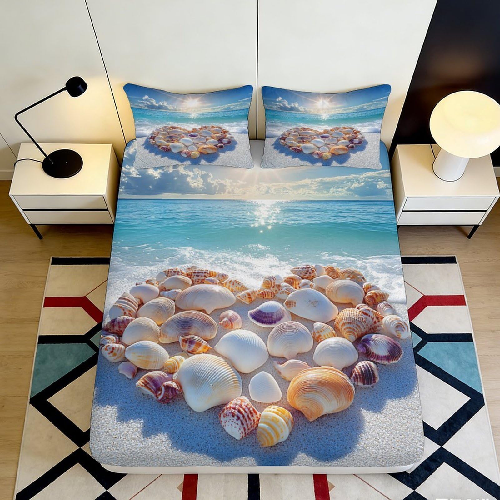 Dhbaneiok Style-9 3D Printed Seashell Heart Fitted Sheet Microfiber Soft Blue Ocean Beach Mattress Cover Bedroom Decor Easy Care 90X200x25cm
