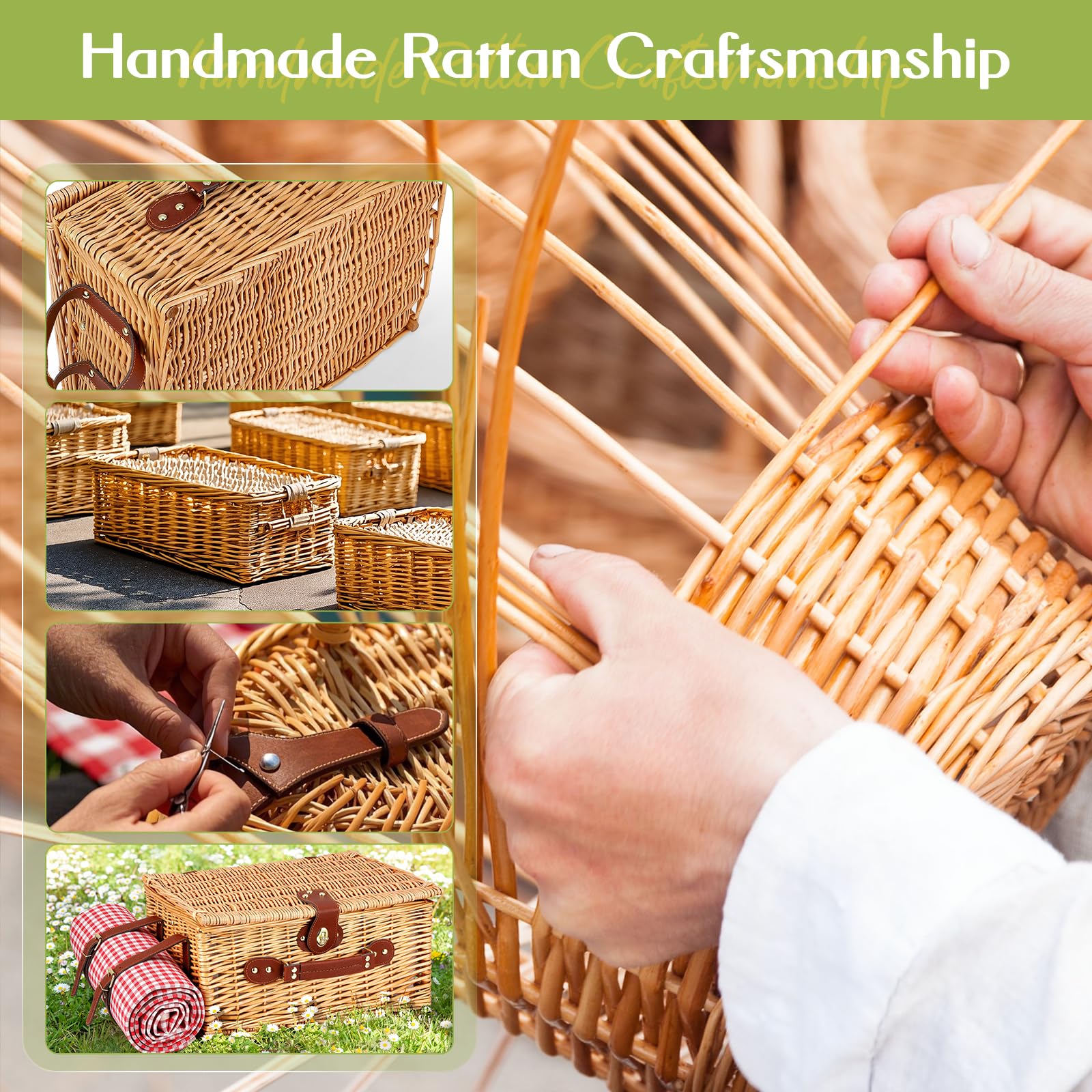 Cesta de Picnic Mimbre para 4 Personas, Cesta Trenzada a Mano con Aislamiento Integrado y Manta Impermeable – Set Completo con 4 Cubiertos, Platos, Vasos para Camping Playa jardín