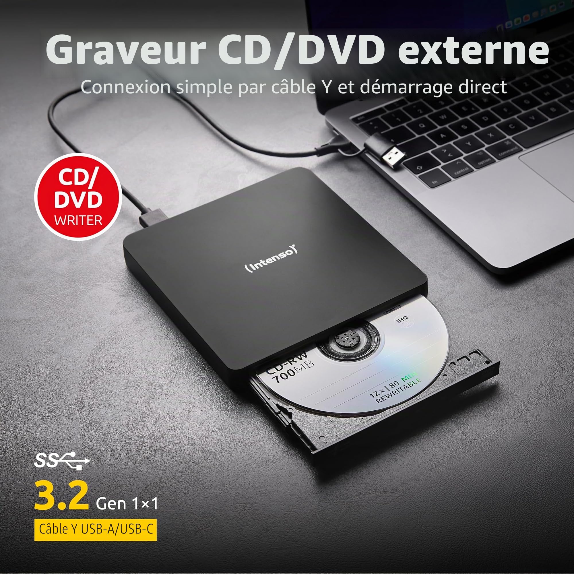 Intenso Lecteur CD/DVD Externe Graveur Externe EOD 400D Slim USB 3.2 pour Ordinateur Portable Desktop PC iMac MacBook Windows MacOS + Logiciel de Gravure Gratuit Ashampoo Burning Studio Noir