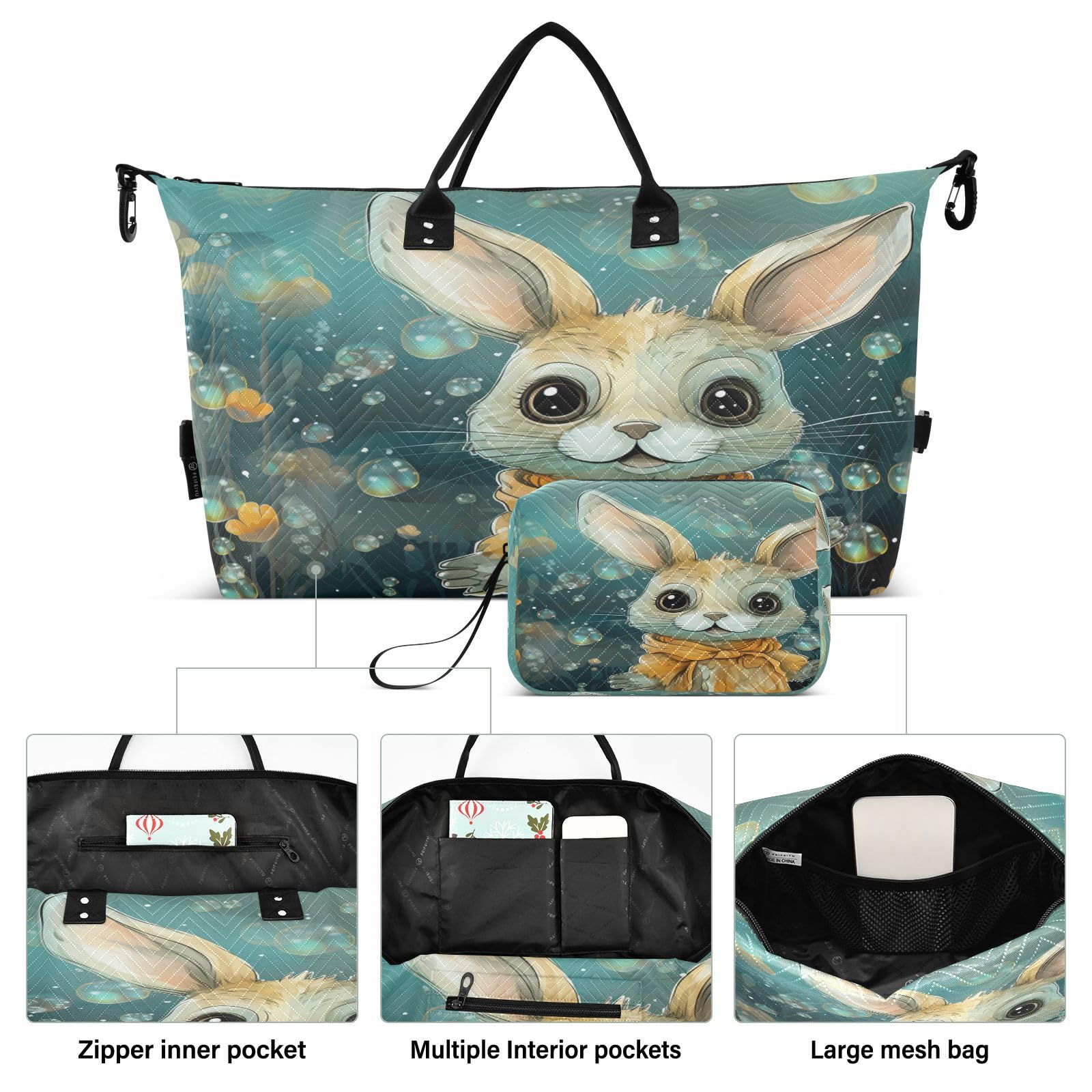 Cute Watercolor Rabbit Sports Swim Gym Bag Weekender Duffel Travel Bags Handbag with Makeup Storage Bag for Girls Men