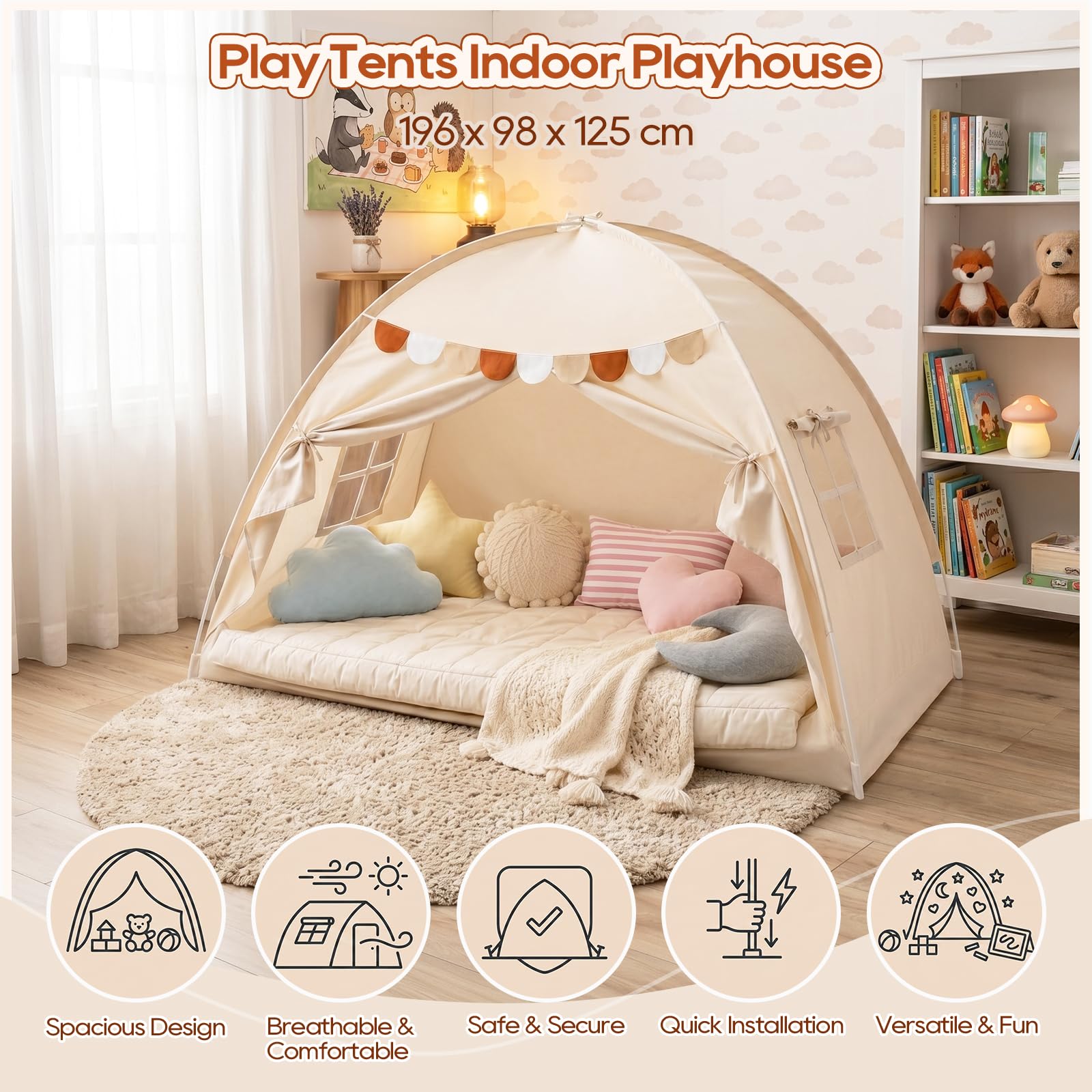 Tenda da Letto per Interni, Casetta da Gioco Pieghevole da Pavimento con Bandierine Decorative e Finestre Traspiranti, Baldacchino per la Privacy in Camera da Letto (Crema, 196 x 98 x 125 cm)
