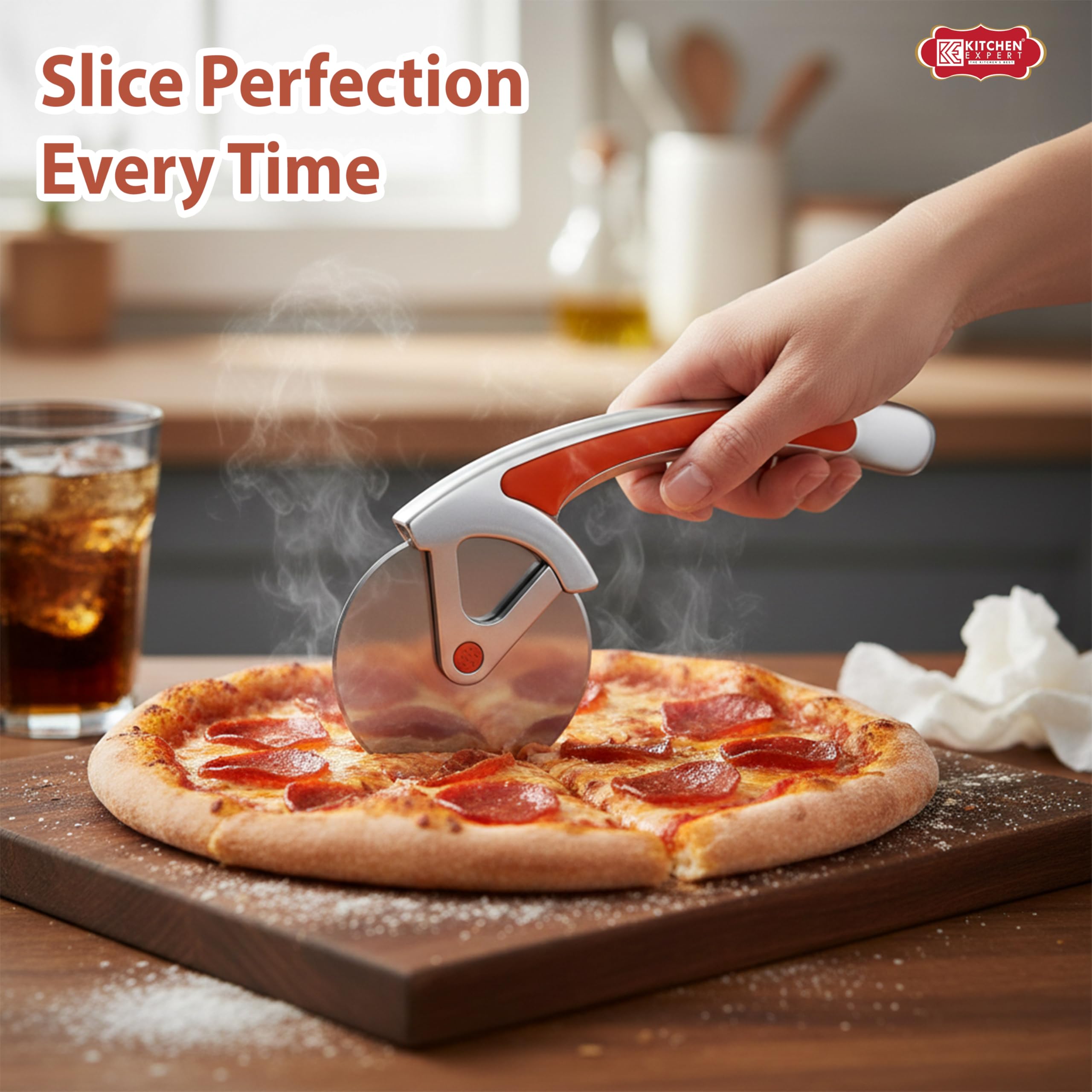 Kitchen Expert Premium Pizza Cutter | Smooth Rolling Blade | Ideal for Cutting Pizza/Sandwich/Breads/Burger/Paratha | Rotating Slicer | Strong Handle | Multipurpose | 1 Pc 3