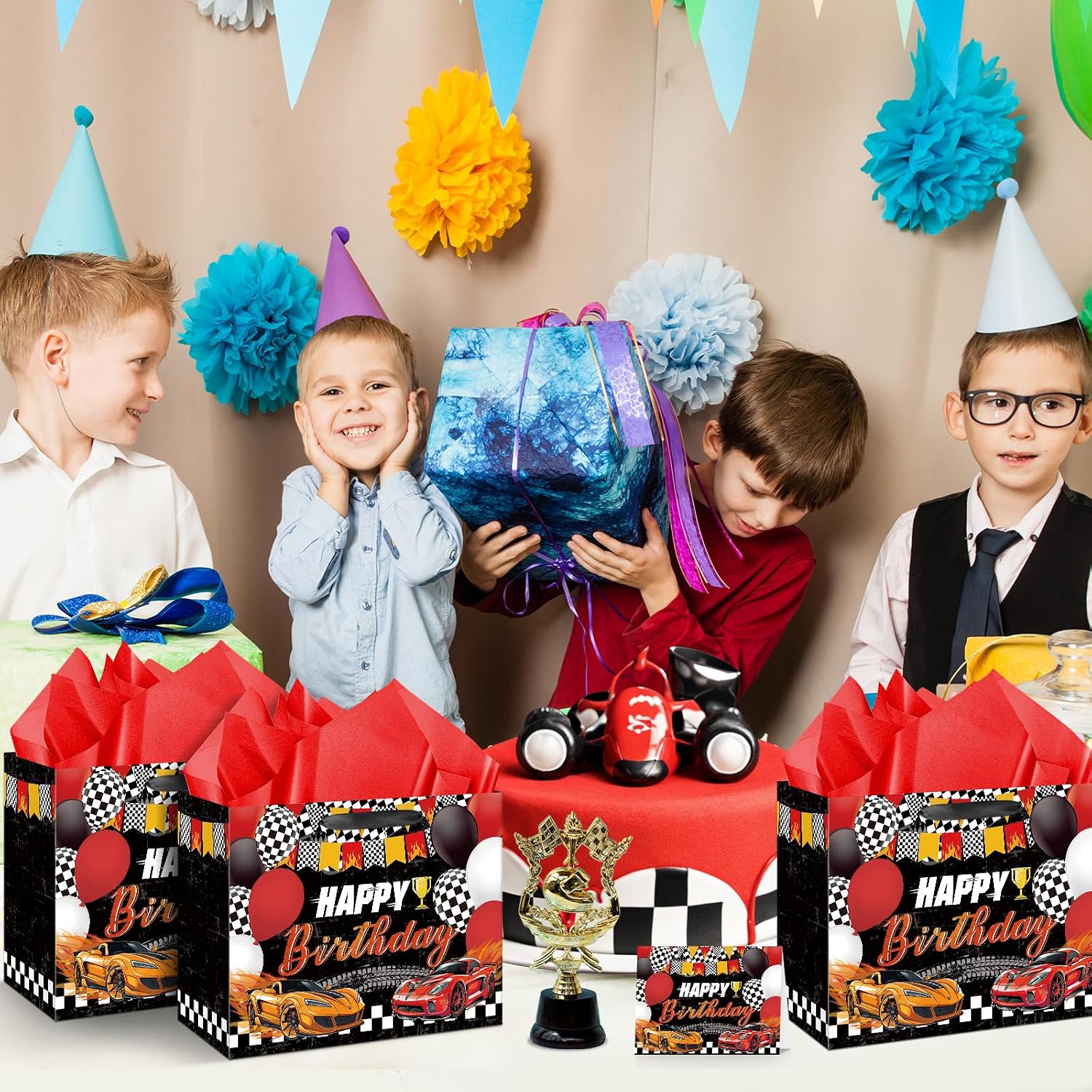 Hot Car Birthday Gift Bag for Boys, Large Race Car Party Favor Bags with Tissue Paper Card Baby Shower Decorations Gift Bag Racing Birthday Goodie Candy Treat Bag for Wheel Party Decorations Supplies image 4