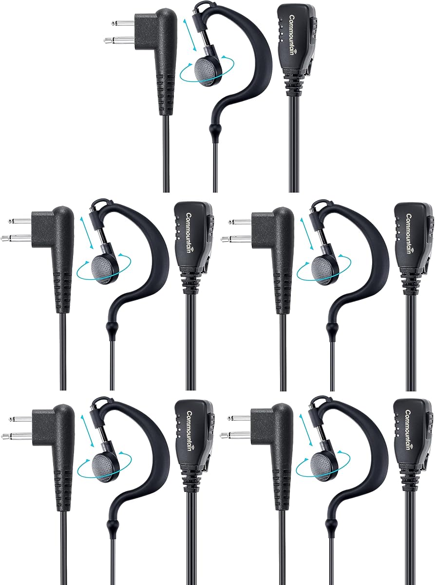 commountain Earpiece for Motorola Radios R2, CP100D, CP200D, 5 Pack | Also Fits CP200 CP185 CLS1110 CLS1410 BPR50DX BPR40 RMU2040 2-Pin Walkie Talkie, Earhook Headset Fits Left or Right Ear