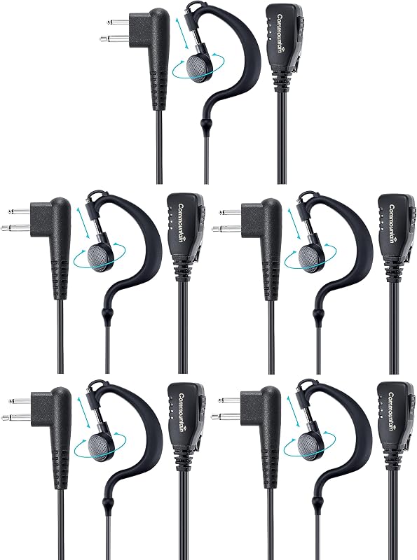 commountain Earpiece for Motorola Radios R2, CP100D, CP200D, 5 Pack | Also Fits CP200 CP185 CLS1110 CLS1410 BPR50DX BPR40 RMU2040 2-Pin Walkie Talkie, Earhook Headset Fits Left or Right Ear