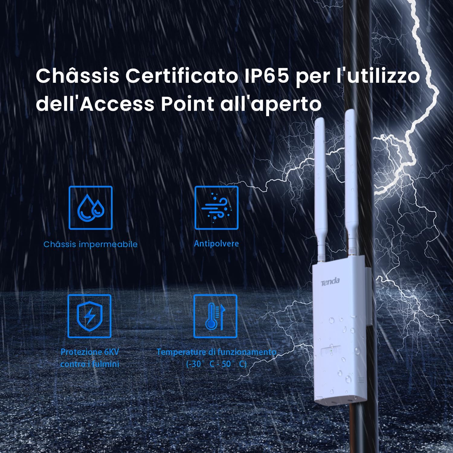 Tenda OAP1200 Access Point Esterno AC1200 Doppia Banda, Indoor/Outdoor Access Point 1200Mbps, IP65, MU-MIMO, OFDMA, Roaming Senza Interruzioni, Fino a 256 Dispositivi, PoE 802.3af & Passive PoE