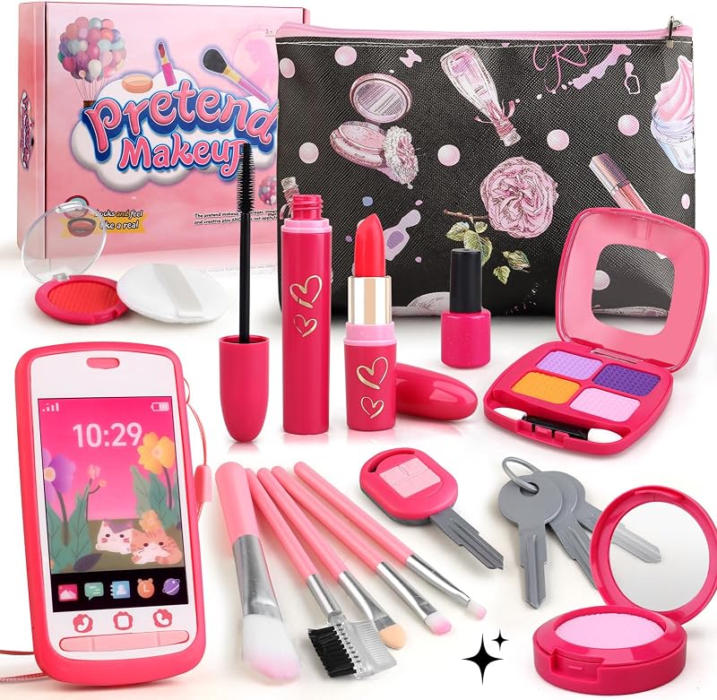 Girl Gifts Basic Pretend Makeup for Little Girls 3-5, Black Bag | Play Makeup for Kids 3-5, Fake Makeup Set Toys for 3 4 5 6 7 Year Old Girls, Toddler Makeup Kit with Fake Make up Toys Gifts