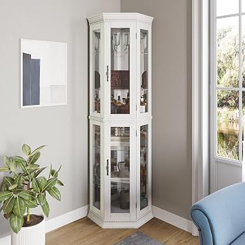 BELLEZE Lighted 3-Side Glass Display Curio Cabinet w/Tempered Glass Doors & Shelves, Accent Wooden Corner Cabinet with Bulb, Corner Storage Decoration Rack for Living Room & Bed-Room Corona White