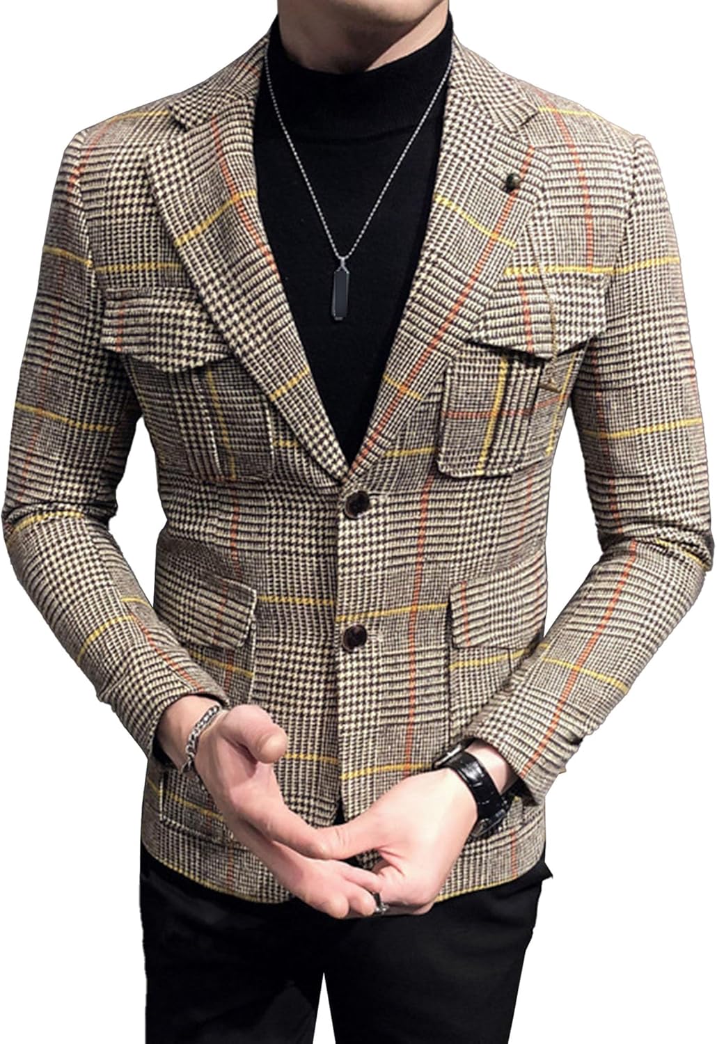 Men's Wool Blend Formal Jacket Plaid Slim Fit Casual Suit Jackets Two Button Business Suit Coats