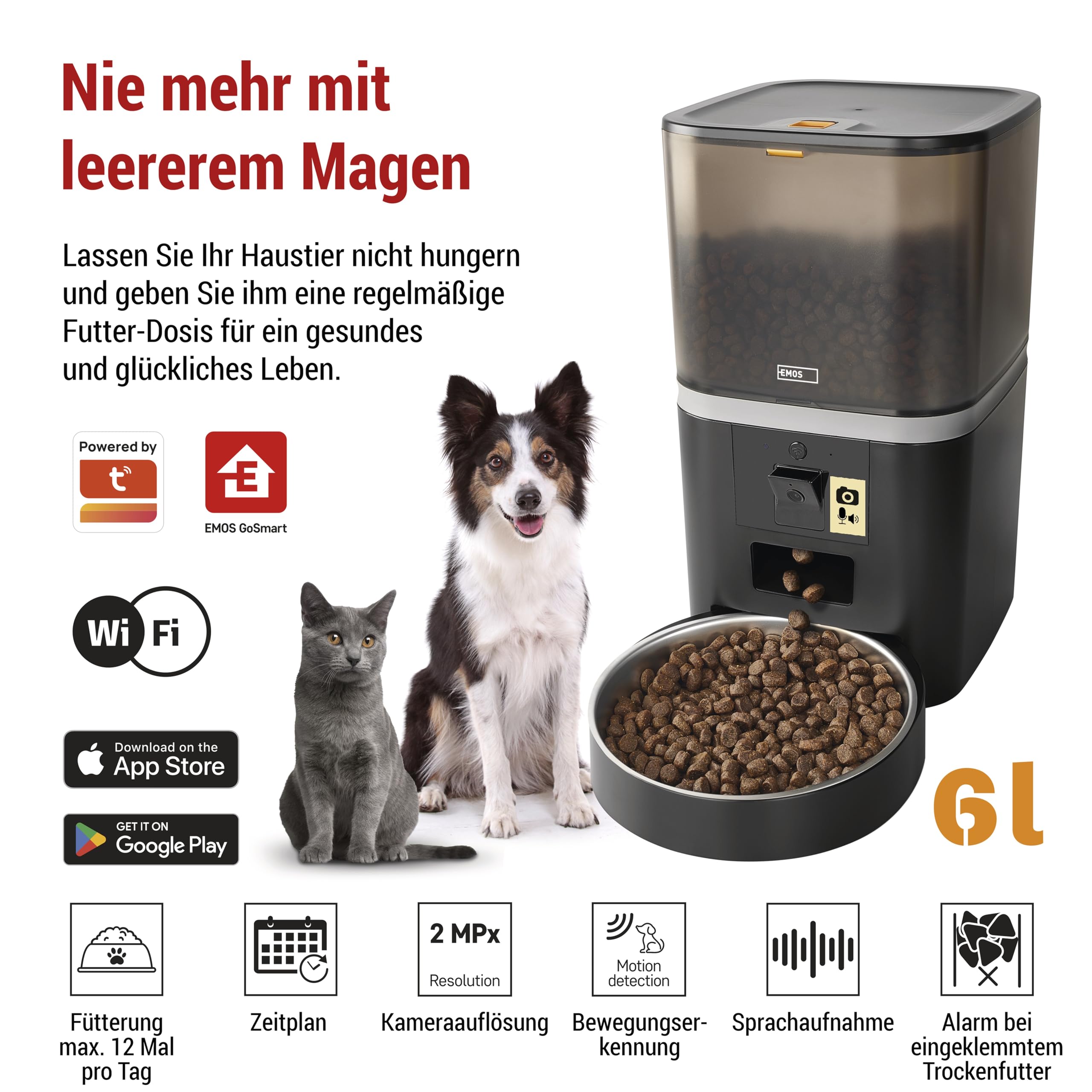 EMOS - GoSmart Mangiatoia automatica da 6 l con fotocamera - Distributore di cibo WLAN Pet Care con app - Cibo secco per gatto e cane con programmazione, registrazione vocale, dosaggio da 1 a 12 pasti