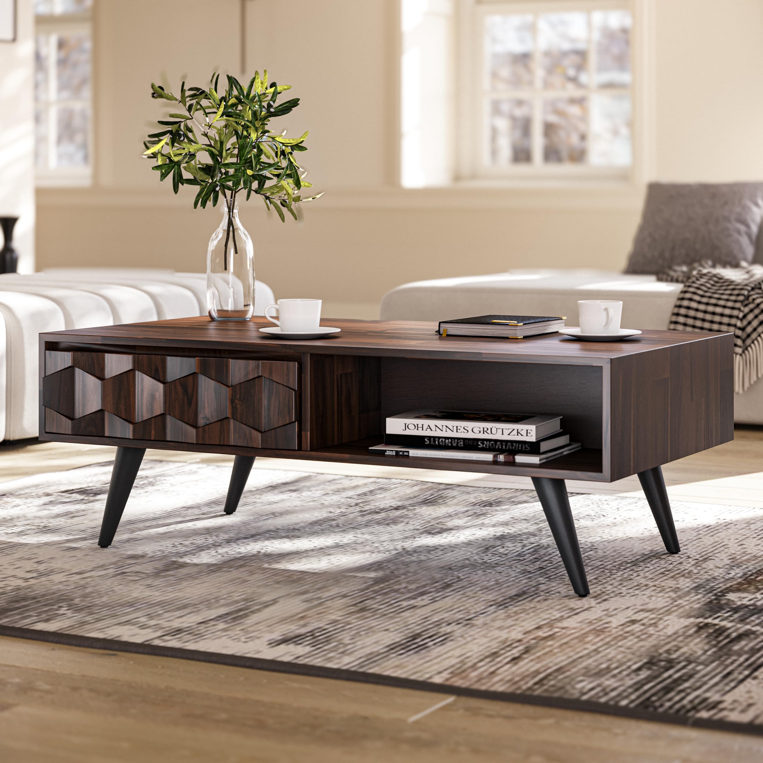 Georgina Solid Wood Coffee Tables for Living Room, Coffee Table Mid Century Modern with 2 Symmetrical Storage Drawers & Geometric Details, Fully Assembled Center Table, Walnut