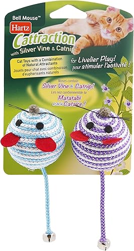 Hartz Cattraction Bell Mouse - Juguete para gatos con dos ratones de vid plateada y sisal de hierba gatera – 2 unidades, todos los tamaños de raza