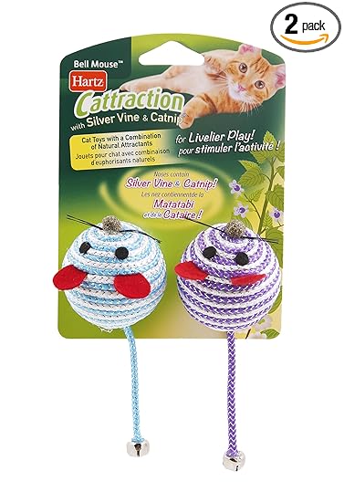 Hartz Cattraction Bell Mouse Cat Toy with Two Silver Vine & Catnip Sisal Mice