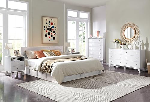 Miniatura 6 de T4TREAM Mesita de noche con estación de carga, mesa auxiliar moderna, mesita de noche con 2 cajones, mesa auxiliar de mediados de siglo para