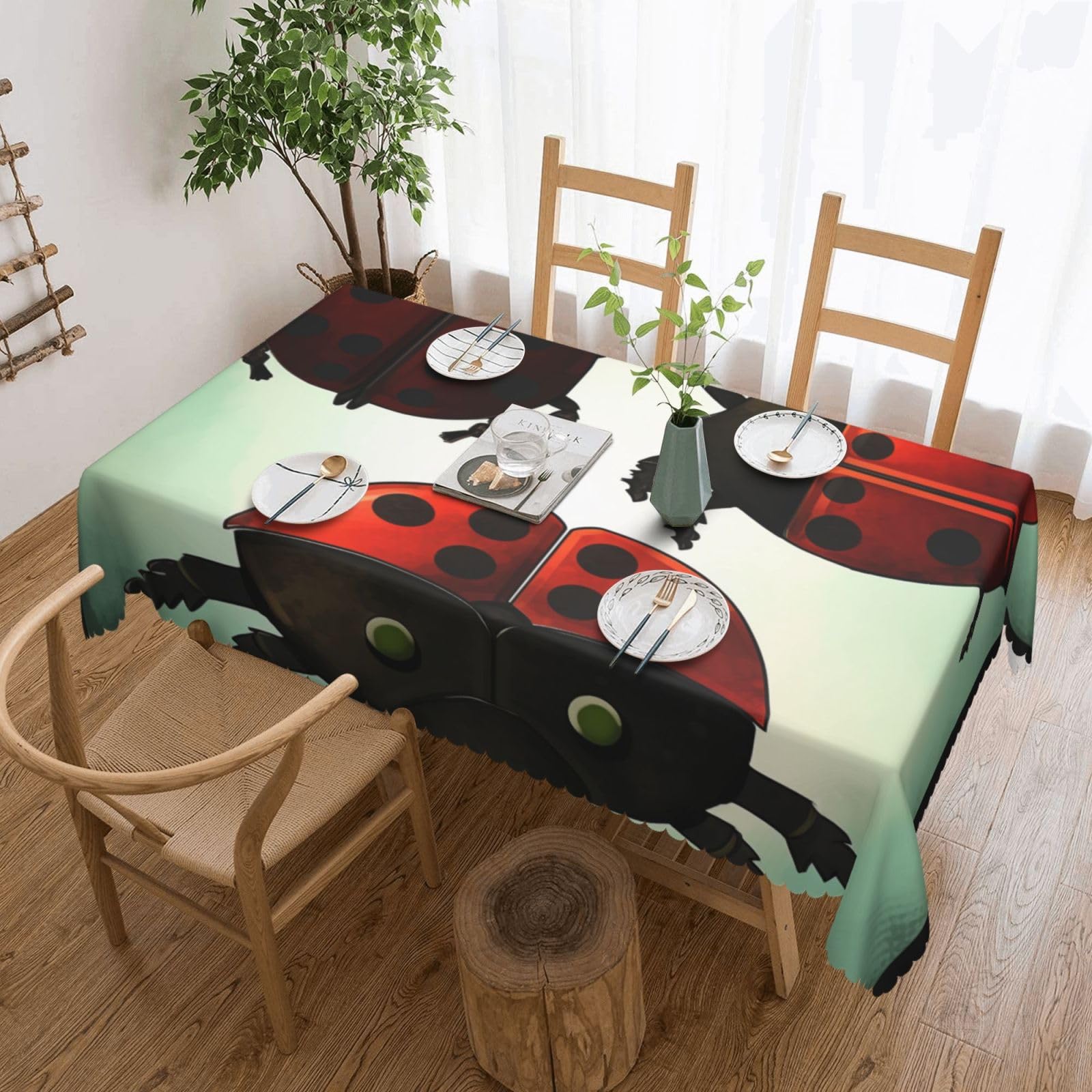WPKJU Ladybug Cartoon Printed Rectangle Tablecloth 72x54 Inch with Lace Trim, Water-Resistant Washable Table Cover for Farmhouse Weddings, Outdoor Picnics & Holiday Dining