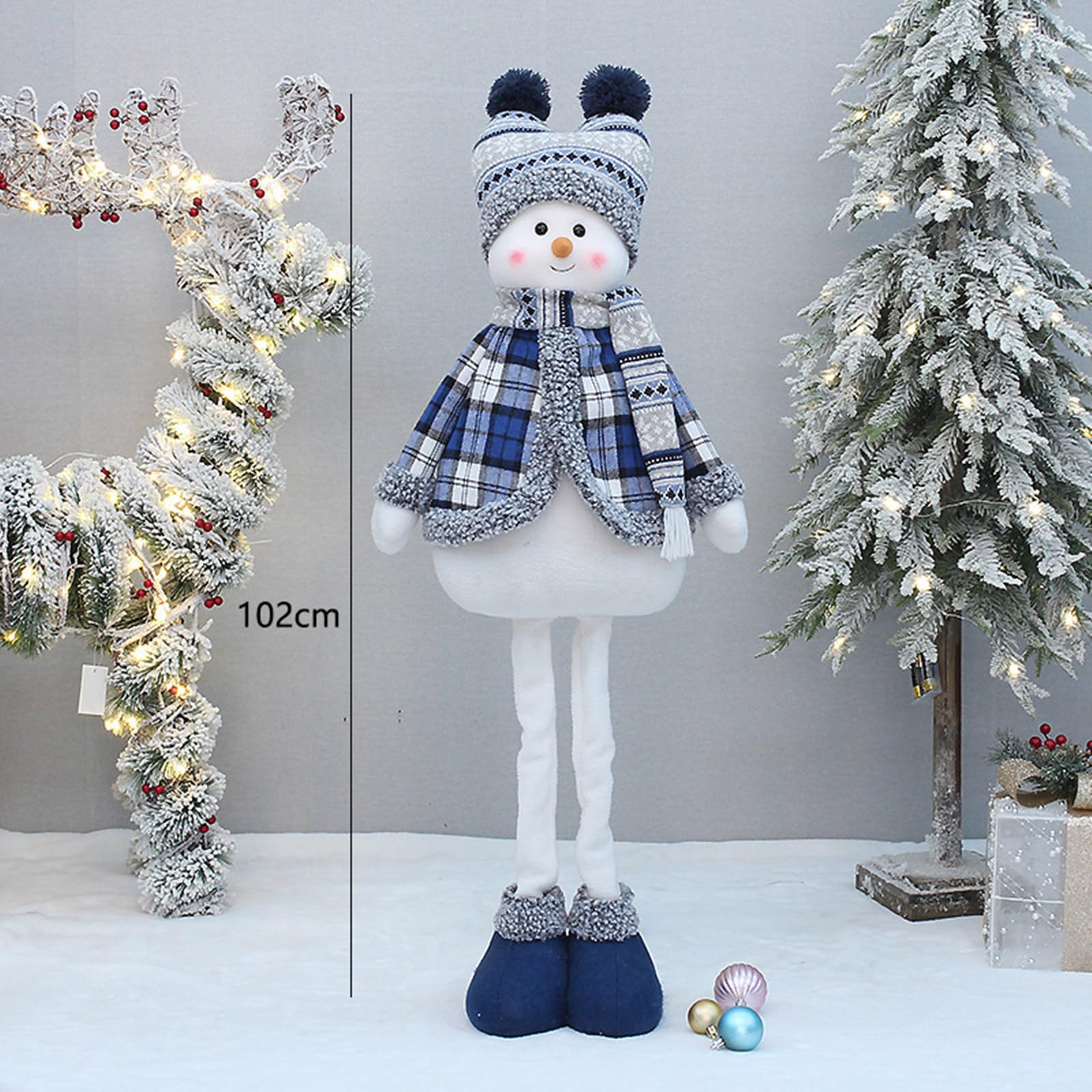 Bonhomme de neige bleu décoration de Noël portant un chapeau chaud et une écharpe en tissu peluche télescopique figurine de bonhomme de neige debout poupée décoration bureau