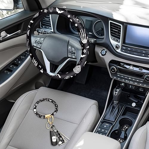 Miniatura 2 de Juego de 4 accesorios para automóvil con estampado de lunas negras y estrellas blancas con 2 portavasos y llavero de cuero para camión SUV (patrón