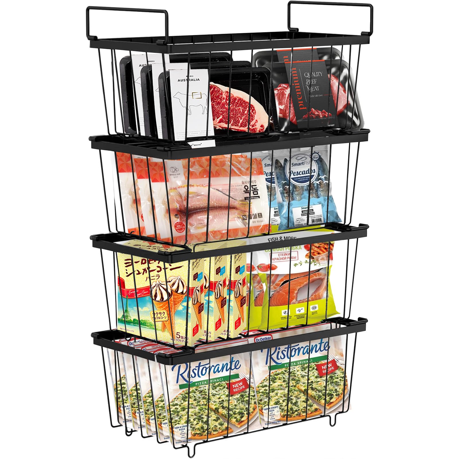 4 Pack Chest Freezer Baskets, Stackable Freezer Organiser with Handles, Freezer Baskets for 198L Sort Frozen Foods, Freezer Organiser, Freezer Storage Boxes Wire Drawers Bins, Easy to Get ItemsοΌBlackοΌ