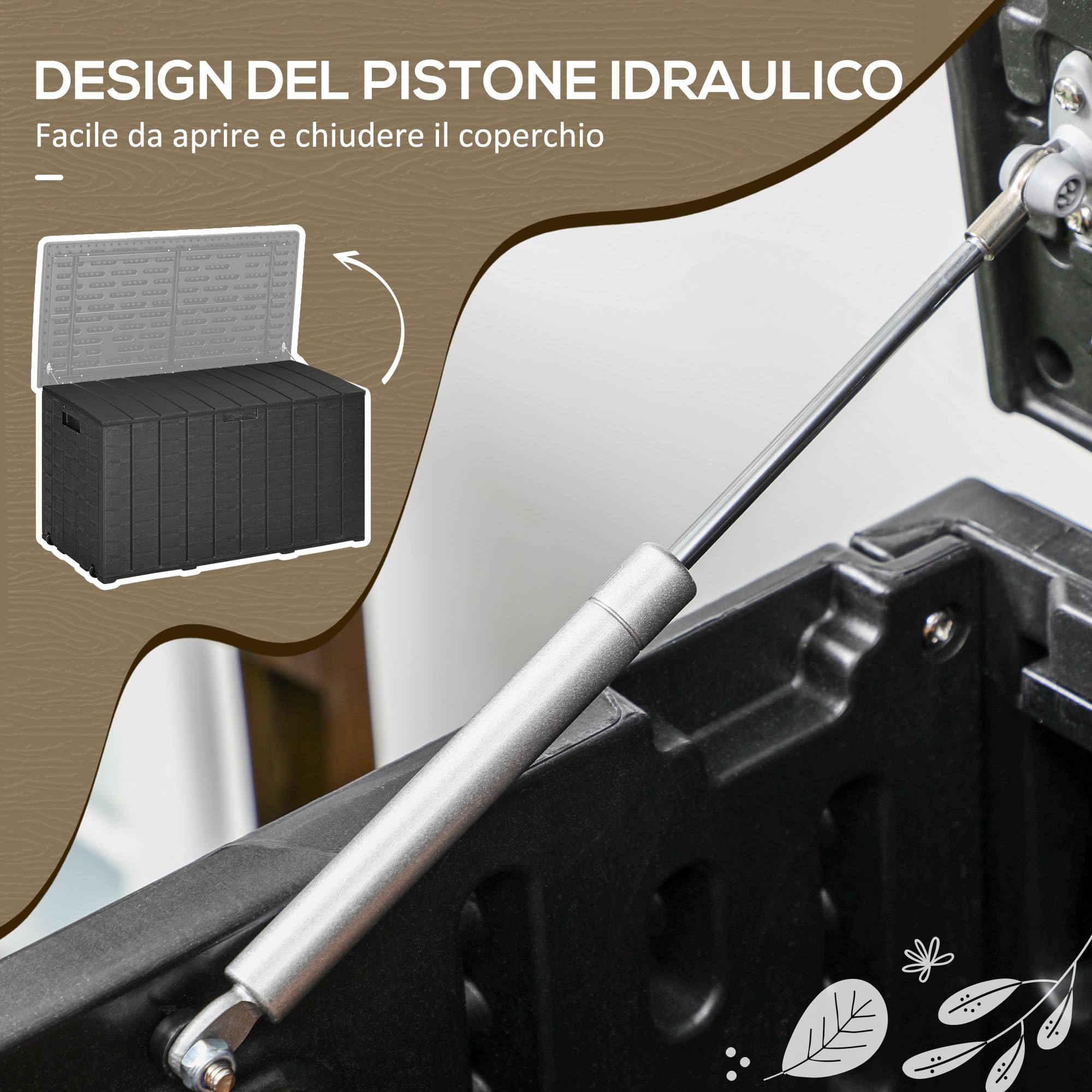 Outsunny Baule da Esterno da 366L Effetto Legno con Coperchio a Doppia Leva, 2 Maniglie e 2 Rotelle, Cassapanca Contenitore da Esterno in Plastica, 122.4x62x64.5 cm, Nero