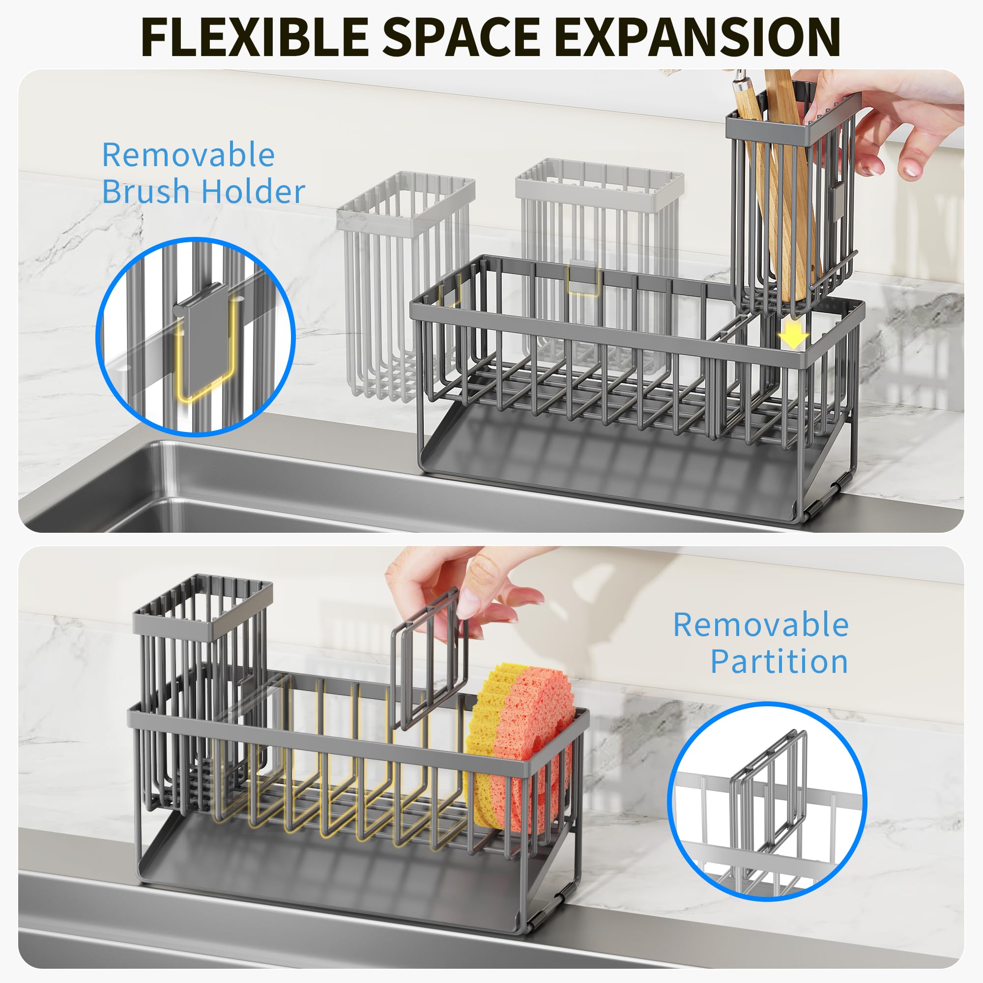 Cisily - Escurridor para fregadero con soporte alto para cepillos, portaesponjas, acero inoxidable 304 antióxido, con dispensador de jabón, decoración y accesorios de cocina en gris oscuro