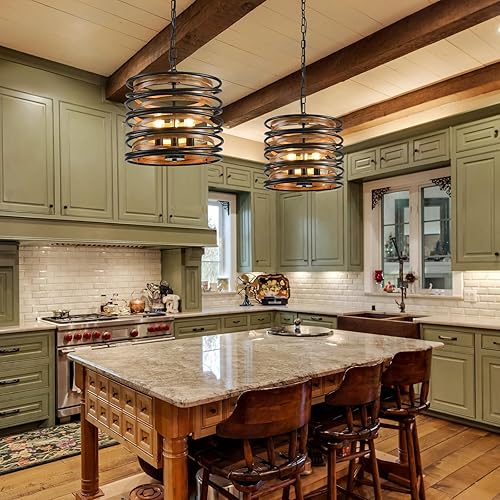 Miniatura 5 de Candelabros de granja de 12 pulgadas para comedor, lámpara colgante de metal industrial de 3 luces, lámparas colgantes de tambor rústico sobre la