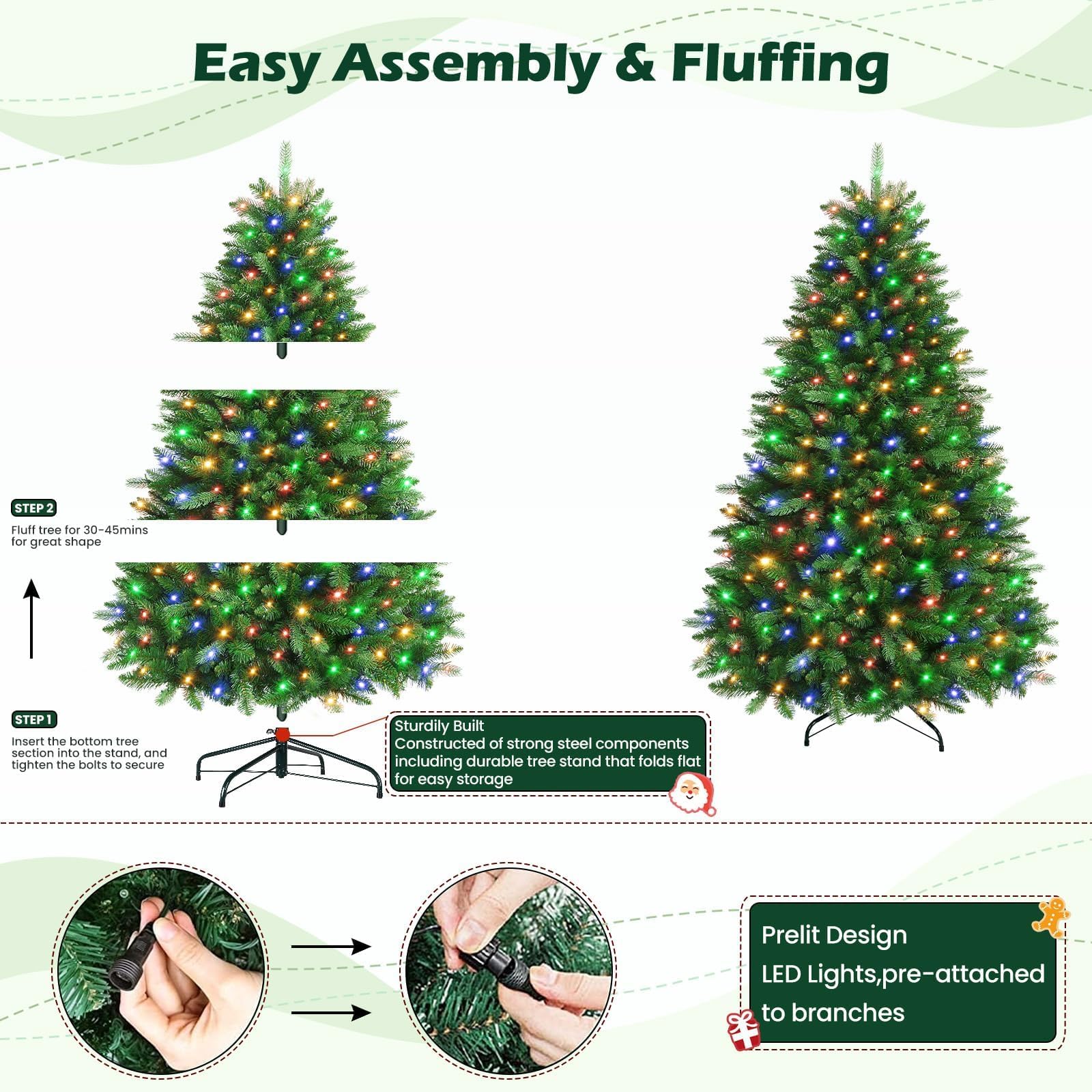 SHareconn 180 cm Arbol de Navidad Artificial con Luces Led, con 1322 PE y PVC Puntas de Rama, con 350 Luces Blancas Cálidas & Multicolores y 12 Modos de luz, Soporte de Metal Plegable, Montaje Rápido