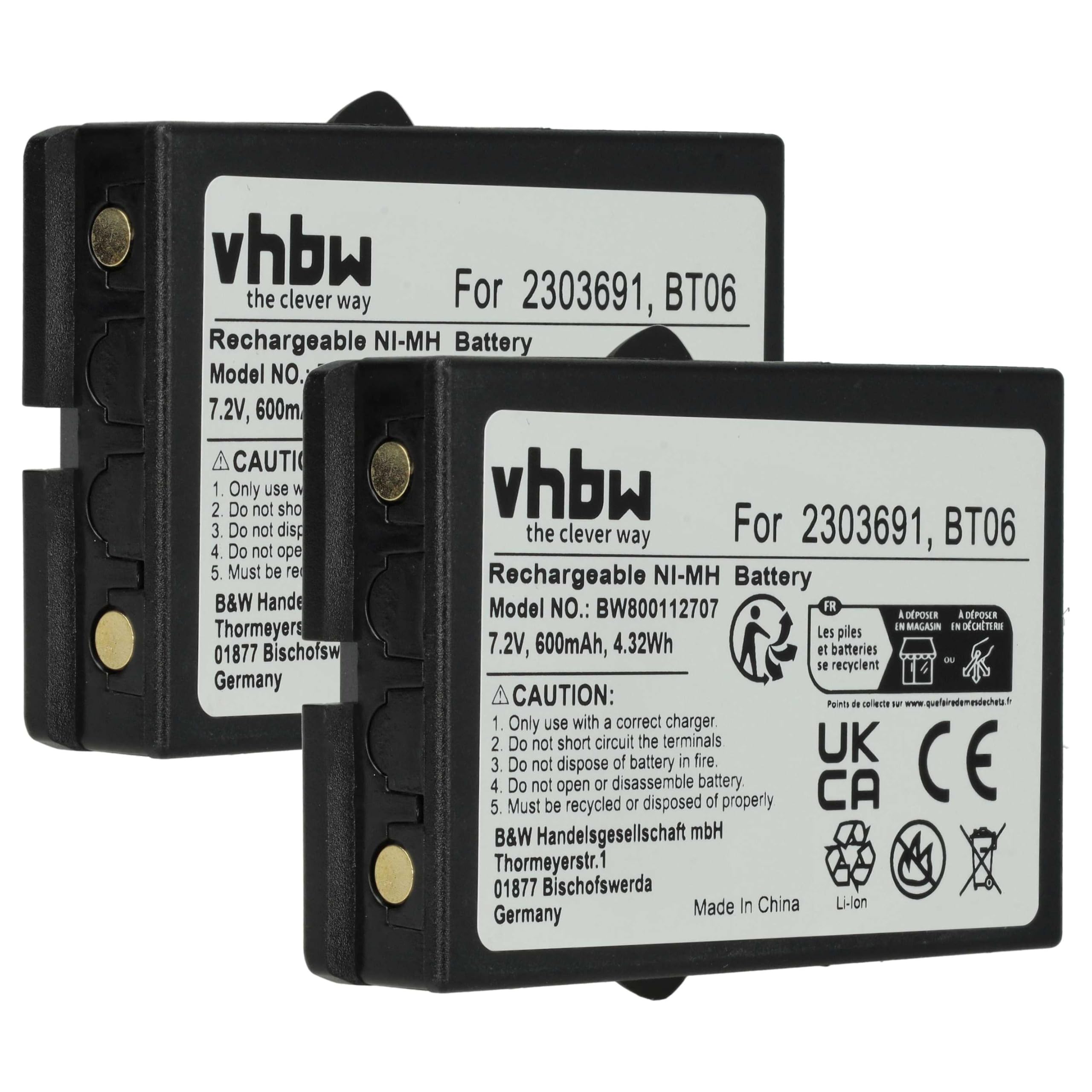 vhbw 2X batería reemplaza Danfoss 2303691, BT06 para Mando a Distancia Industrial (600 mAh, 7,2 V, NiMH) - Negro